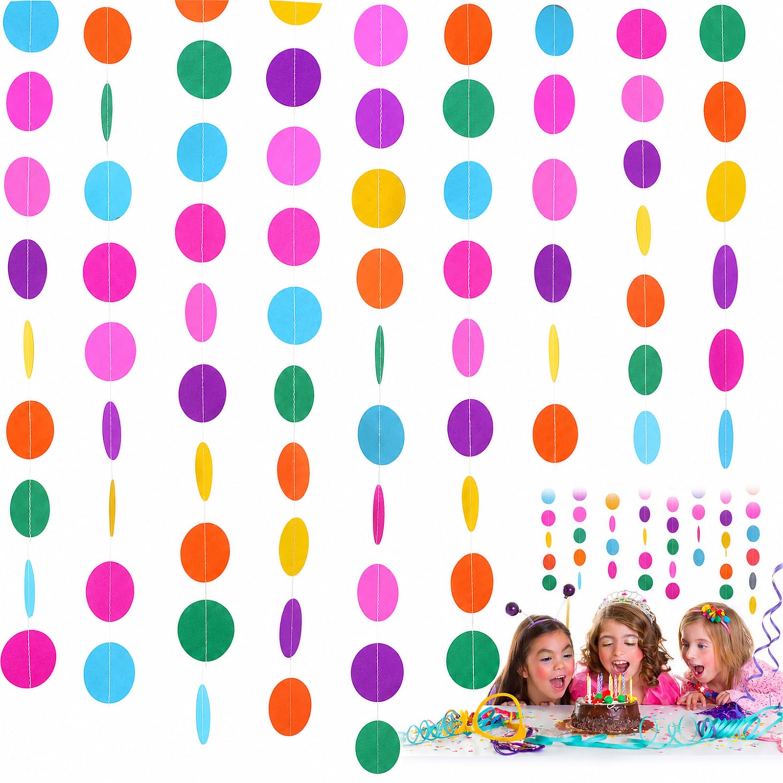 2 Packs 4 Metres Round Paper Garland, Assorted Colour Circle Dots Hanging Decorations for Birthday Party Wedding Supplies
