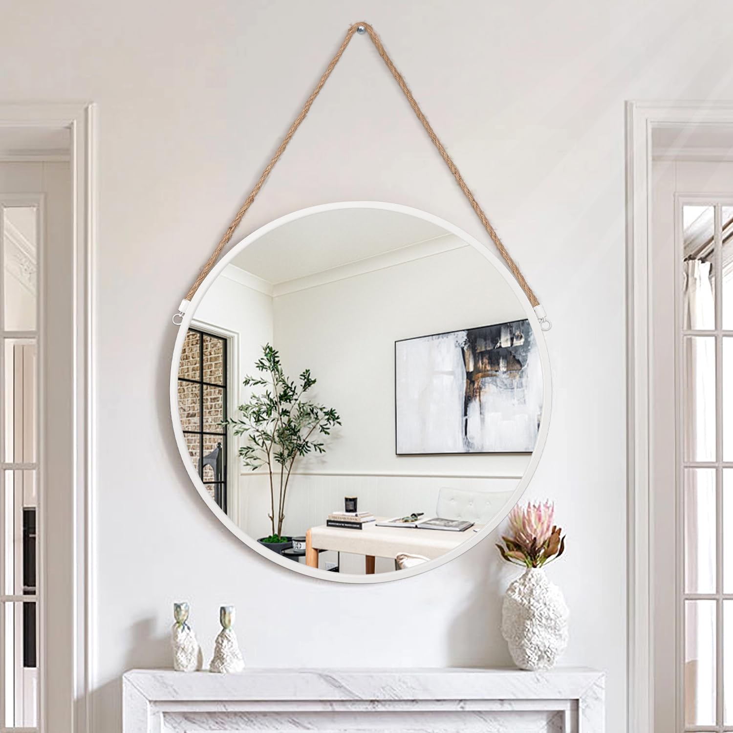 Lzuso Wall Mounted Mirror, White regular Circle Hanging Mirror Wooden Framed Round Decorative Mirrors for Hallway Entryway Vanity Decor 20 Inch Mirrors