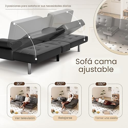 Miniatura 4 de Shahoo - Sofá cama convertible tipo futón plegable para sala de estar, sofá cama con respaldo tapizado de cuero sintético, sillón con reposabrazos
