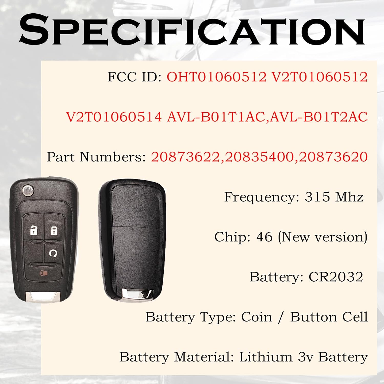 SUPALAND Keyless Entry Remote Control Key Fob Replacement Fits for GMC Terrain 2010-2021 Buick Encore 2014 2015 2016 2017 2018 Chevy Equinox Impala Sonic OHT01060512 V2T01060512 20873622 20835400
