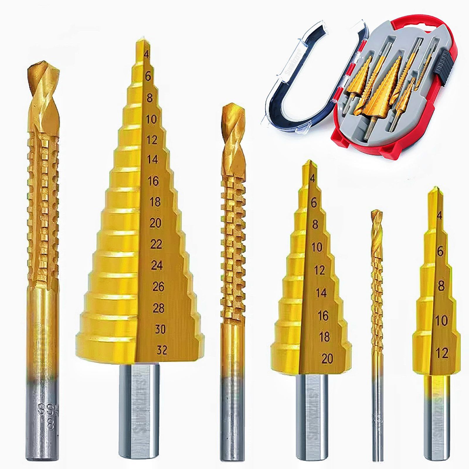 Sunkizzrs® 6-PCS HSS Titanium Step Drill Bits Set & Sawtooth Twist Drill Bits for Stainless Steel/Metal/Wood/Plastic (4-12/4-20/4-32mm Step Bits & 3/6/8mm Serrated Bits) with PRO-Portable Case-image-27