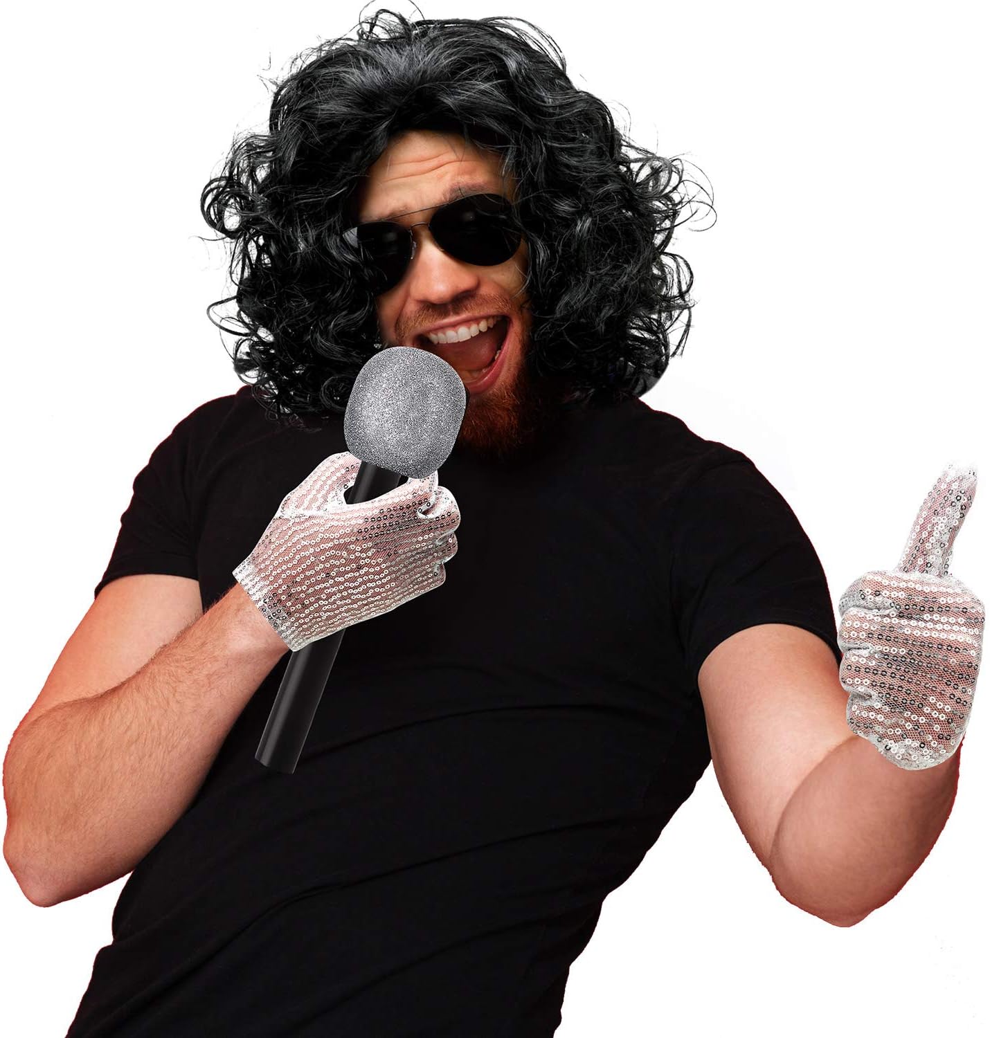 Gejoy 4 Pcs Disco Costume Kit Halloween Pop Dance Star Costume with Wig Glove Microphone Sunglasses for Pop Stage 80s 90s Cosplay - Image 7