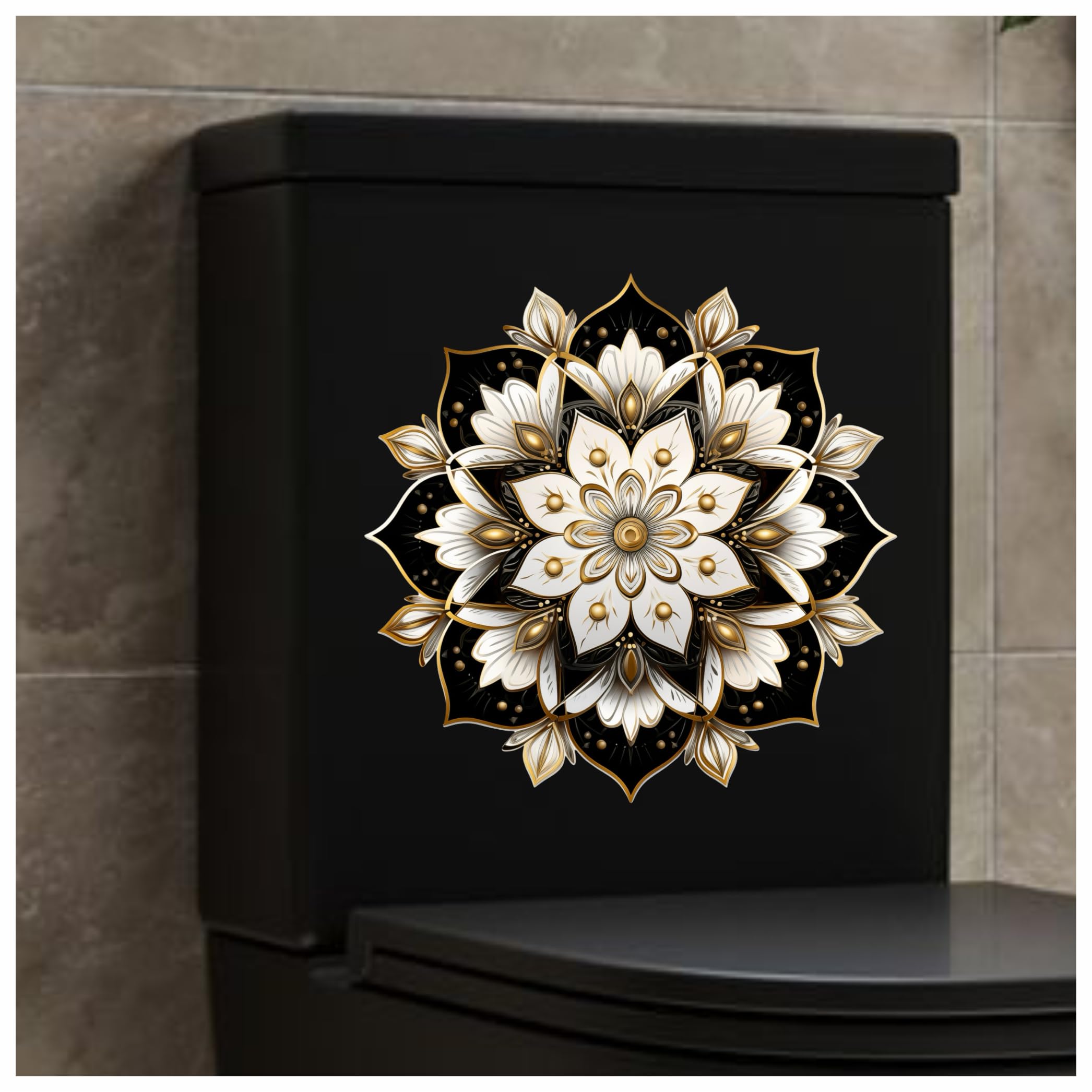 Black Mandala Flower Toilet Seat Lid Decals, Non Transparent, Cover Marks, No Unsightly Film, No White Edges, 26cm Tall, Weatherproof, Multi Purpose Zen Floral Vinyl Stickers
