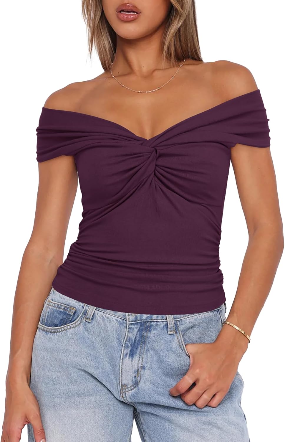 Darong Women Summer Twist Knot Front Off The Shoulder Tank Tops Cap Sleeve Going Out Shirts Slim Fitted Y2K Outfits - Image 4