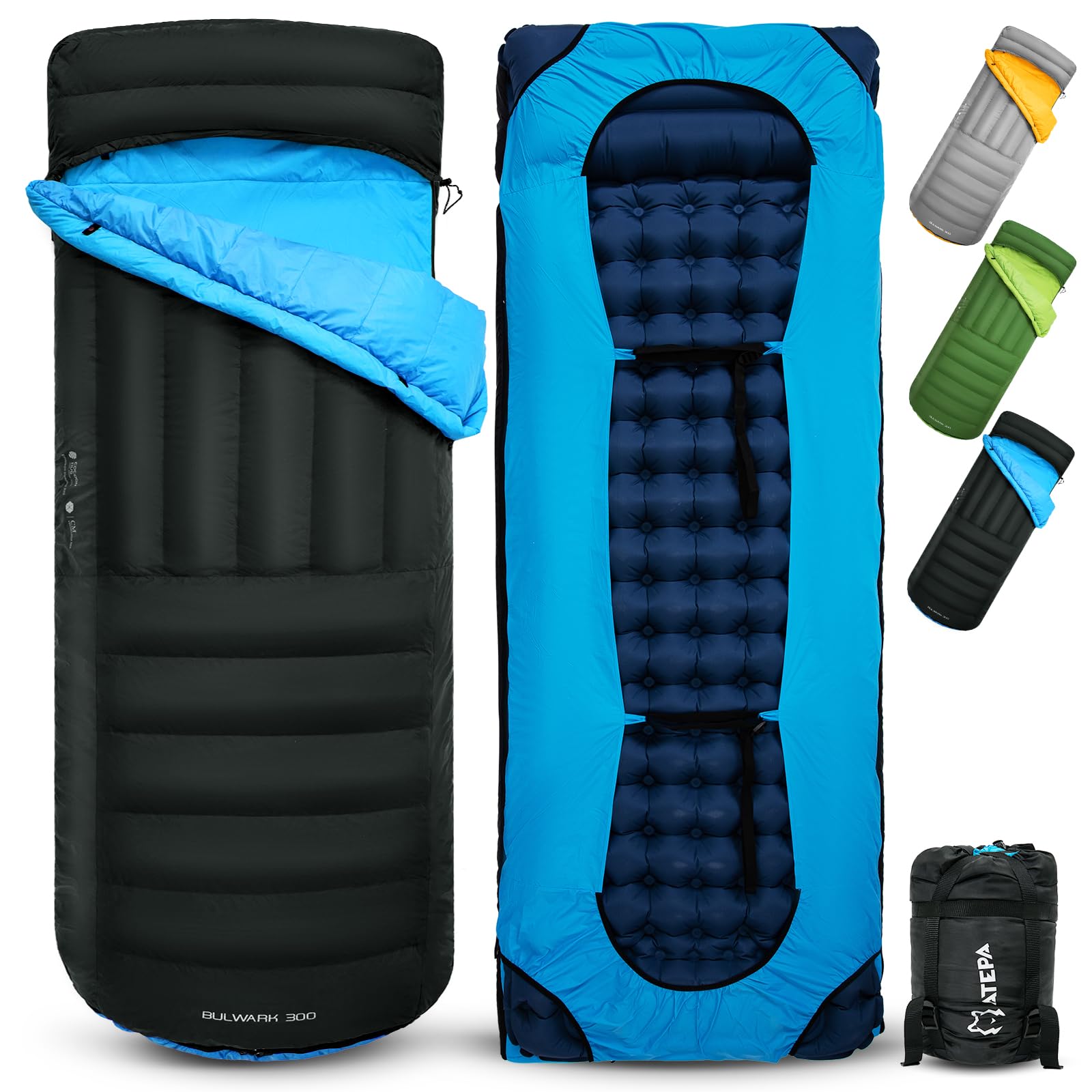 ATEPA Sacos de dormir de plumón, saco de dormir exterior para calor e impermeable, 3 en 1 adecuados para 3 estaciones, ideal para adultos en viajes, camping, se puede combinar con una colchoneta