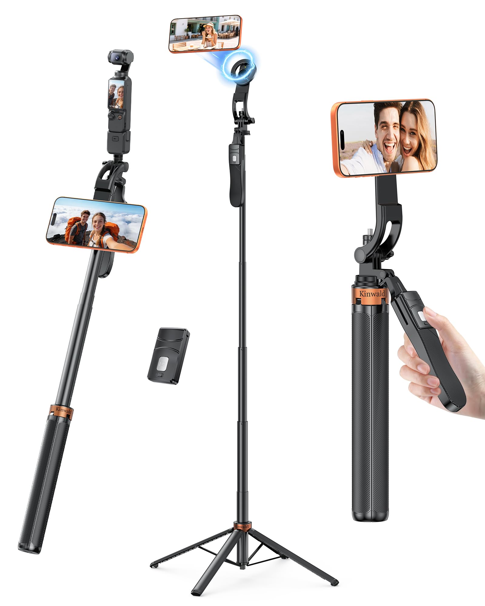 Magnetisches Selfie-Stick-Stativ mit Fernbedienung und Joystick, 360° drehbarer N52 starker Telefonständer, tragbares Ein-Klick-Reisestativ für iPhone, Video, Vlogging, Live, Fotos (Orange)