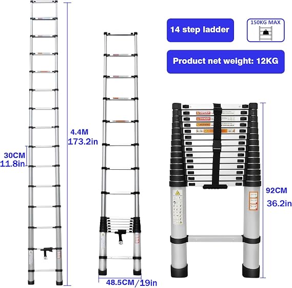 Telescoping Ladders, EN131 Standards Multi-Purpose Folding Aluminum Extension Ladder, Compact Collapsible Ladder with Non-Slip Foot Cover& Locking Mechanism(14.4ft/4.4M)