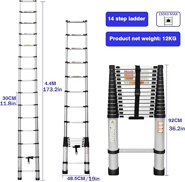 Telescoping Ladders, EN131 Standards Multi-Purpose Folding Aluminum Extension Ladder, Compact Collapsible Ladder with Non-Slip Foot Cover& Locking Mechanism(14.4ft/4.4M)