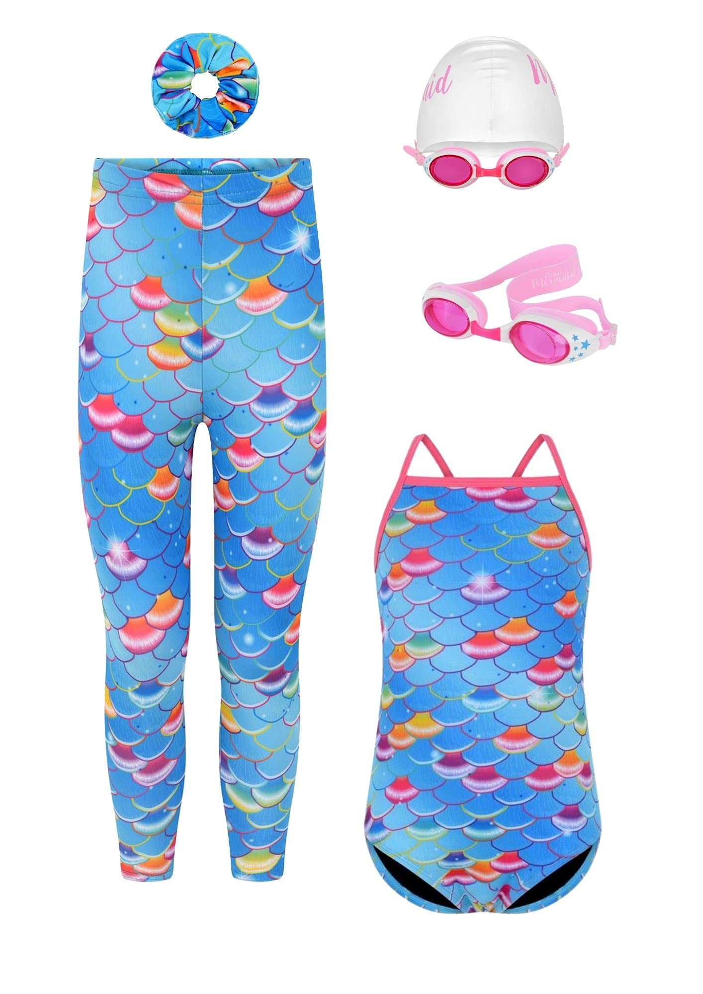 Planet Mermaid Kids Exklusives 5-teiliges Set Meerjungfrauenschwanz Badeanzug für Mädchen inkl. Schwimmhilfe Magic Fin, Schwanz, Tankinioberteil und Haarschmuck