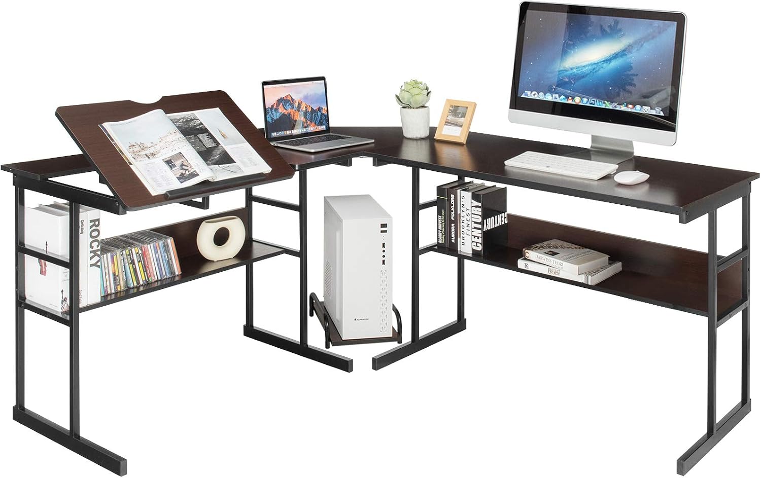 Tangkula 67 inches L-Shaped Desk, Corner Computer Desk with Bottom Bookshelves & CPU Stand, Drafting Drawing Table with Tiltable Desktop, Corner Computer Workstation Home Office Desk