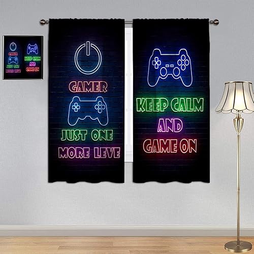 GY Gamepad Gamer Curtains, Decorative Curtain Video Games Controller Neon Sign Design Window Curtain Fabric Decorative Curtain 42x72 Inch