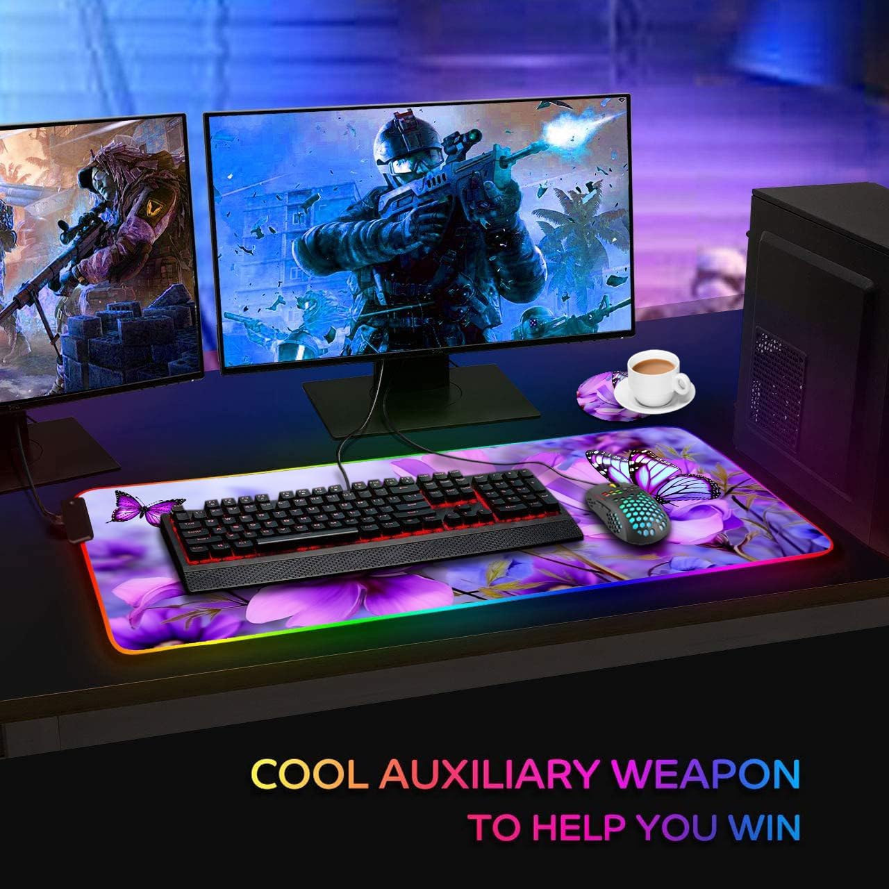 RGB Gaming Mouse Pad and Coffee Coaster, XXL Large Glowing LED Mousepad, Anti-Slip Rubber Base, Computer Keyboard Desk Mouse Mat 31.5 X 11.8 Inch - Purple Flowers and Butterfly