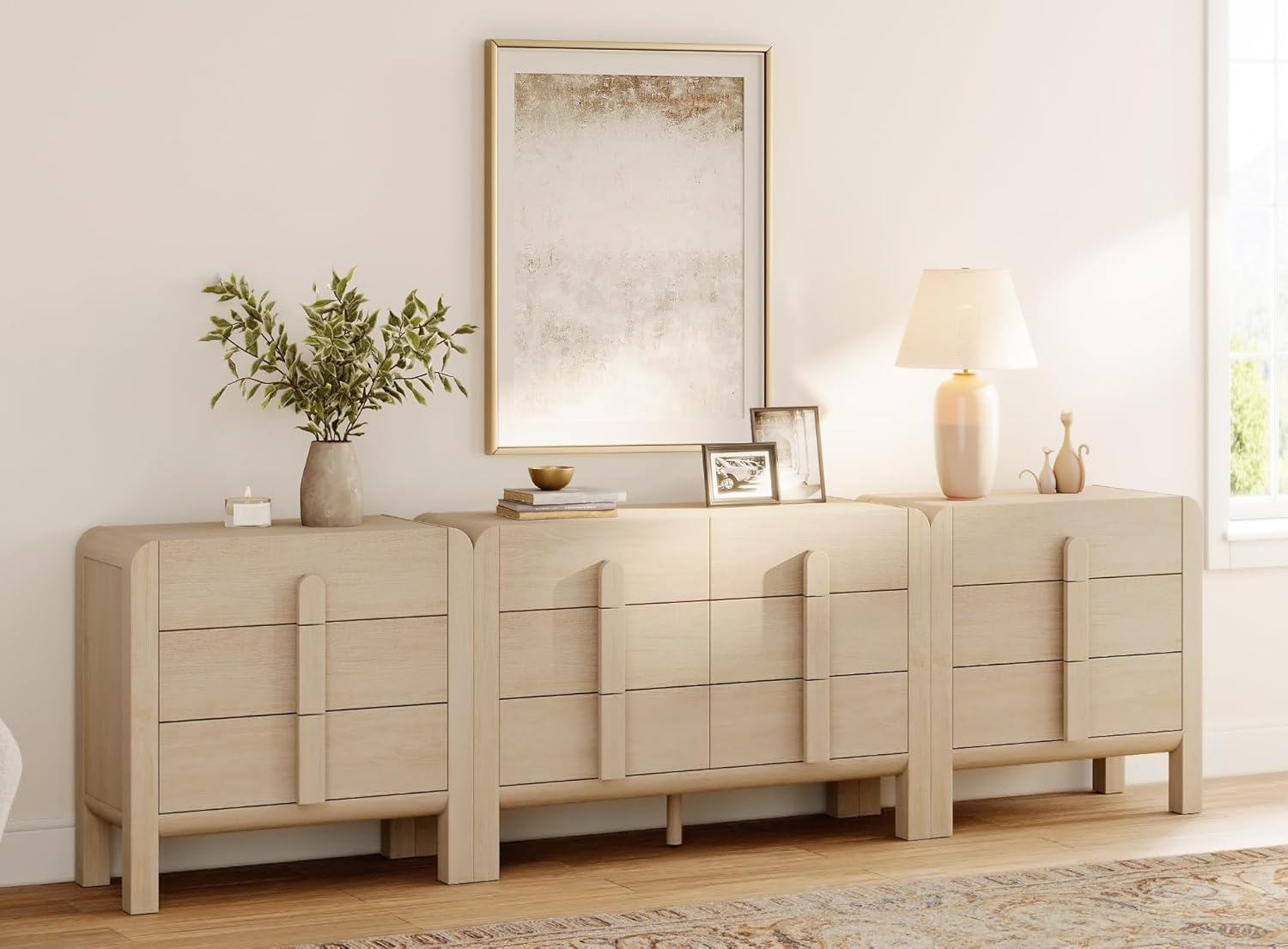 WAMPAT 3 Piece Bedroom Dresser Set, 110.2" Wide Mid Century Modern Chest of Drawers with Curved Handles, Dresser TV Stand with 12 Drawers, Wood Drawer Organizer for Bedroom, Light Oak