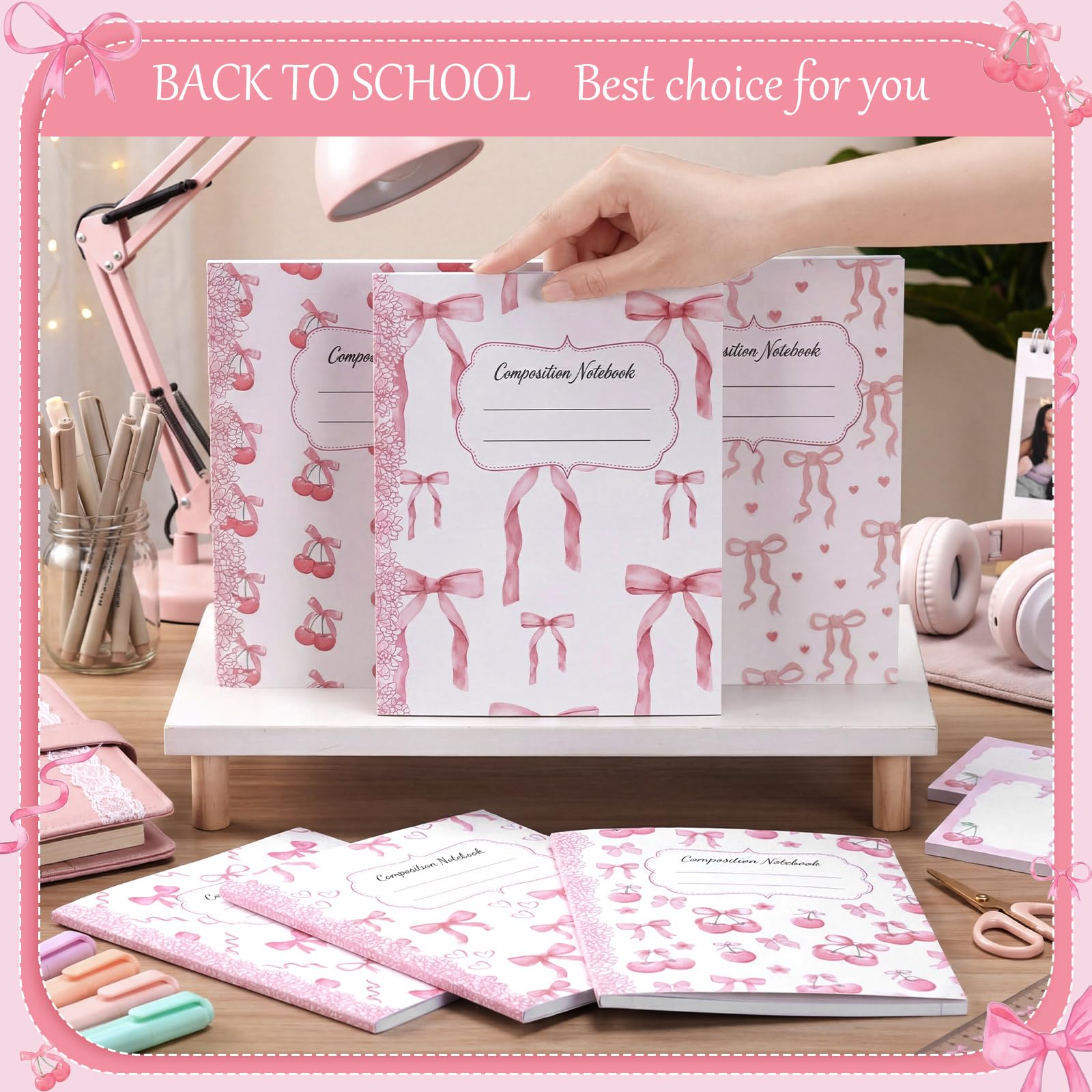 Fullhawl Paquete de 6 cuadernos de composición a rayas universitarias a granel rosa claro, cuaderno de composición de lazo rosa claro para suministros de regreso a clases, 110 páginas 9-3/4 x 7-1/2