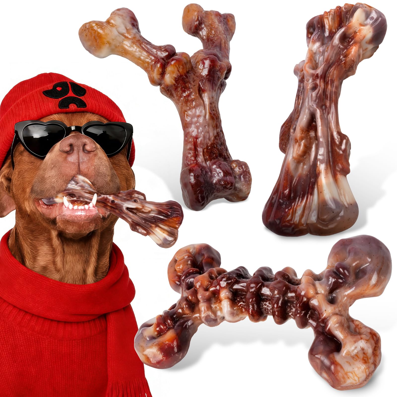 Dog Toys for Aggressive Chewers - 3 Pack Bacon Flavored Indestructible Dog Toy Big Tough Chew Bone for