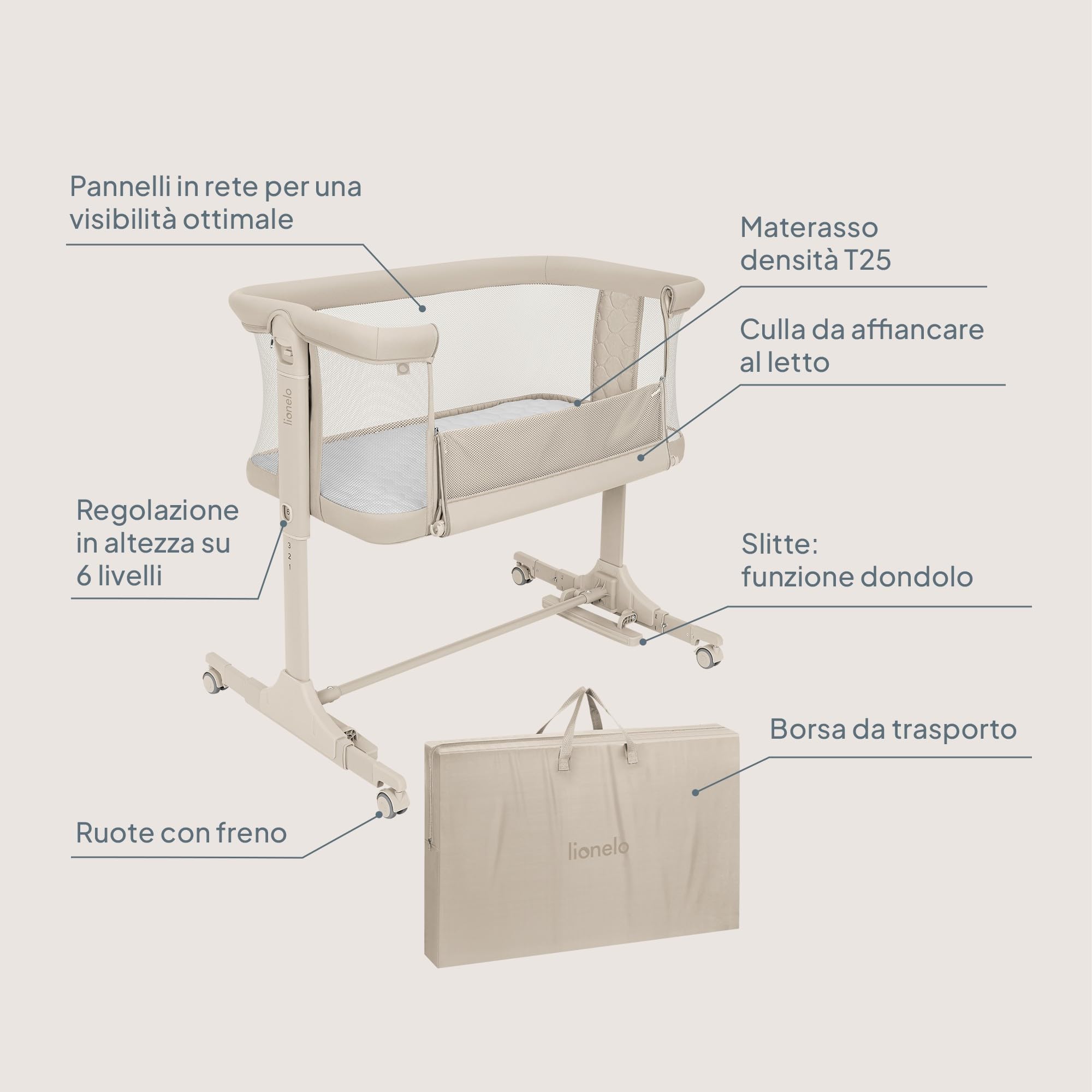 lionelo PARI Culla Co Sleeping Fianco Letto 3 in 1, Regolabile in Altezza 6 Livelli, Materasso T25 2 cm, Ruote con Blocco e Dondolo, Gambe Regolabili per Letto Continentale, Rivestimento Lavabile