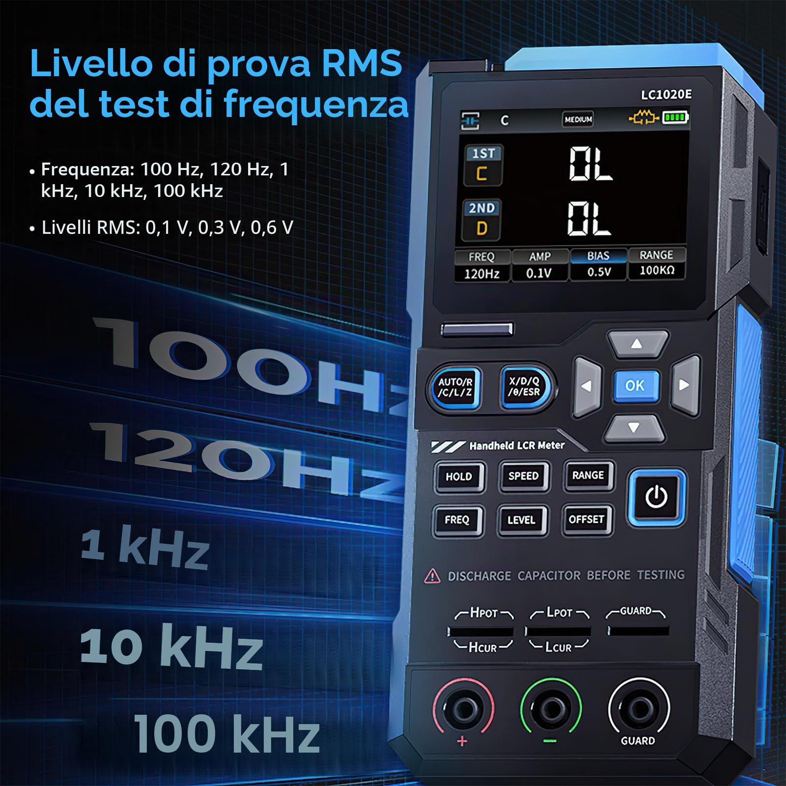 LC1020E LCR Meter 100kHz Misuratore LCR Tester Digitale per Resistori/Induttori/Condensatori, 19999 Conteggi, Multimetro LCR Misura ESR/Q/D/θ/X, Doppio Parametro/Calibrazione Aperto/Cortocircuito
