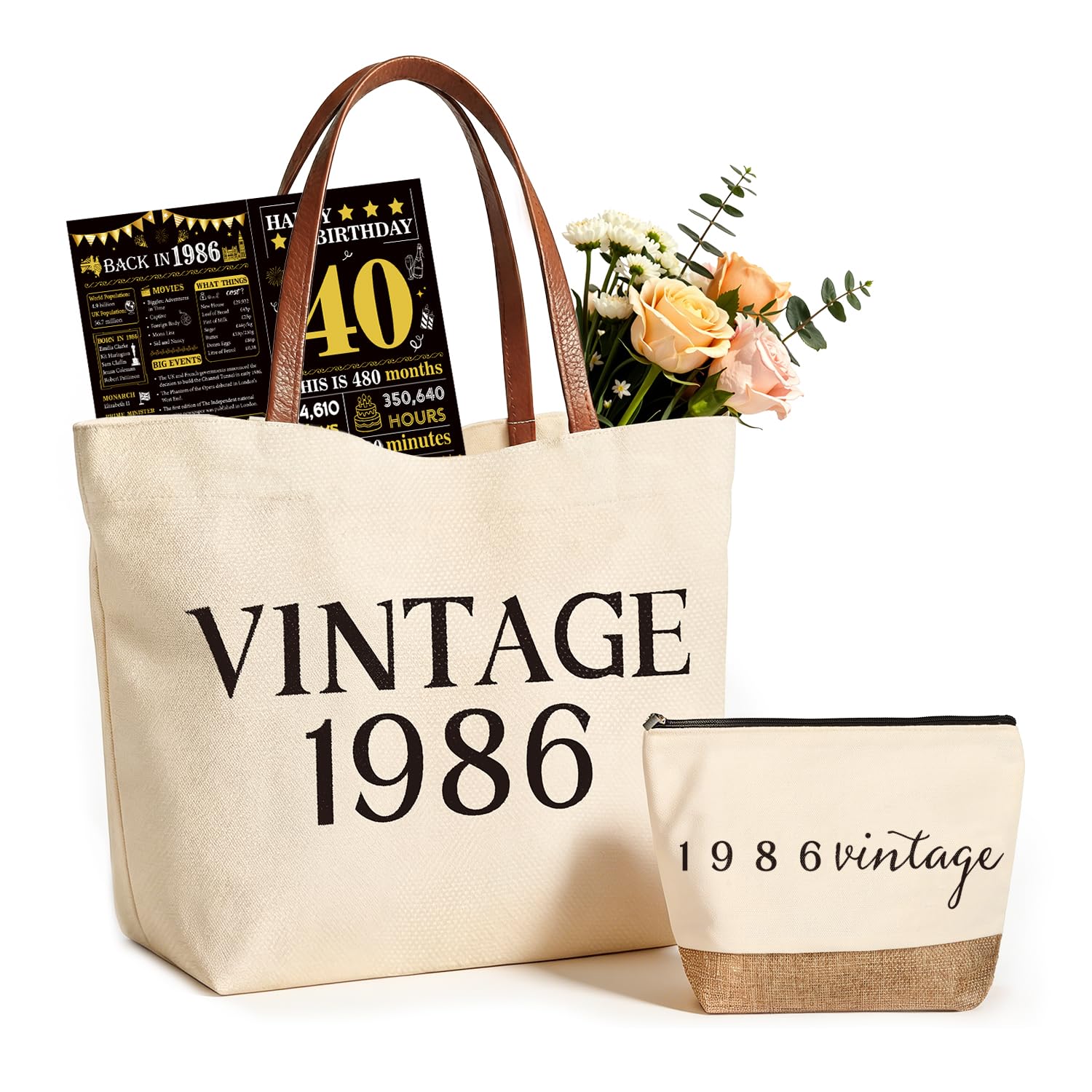 Vintage 1986 Gifts for Women, 40th Birthday Gift Set, Canvas Tote Bag with Leather Handles, Makeup Pouch & Back in 1986 Card, Gift for Her Turning 40