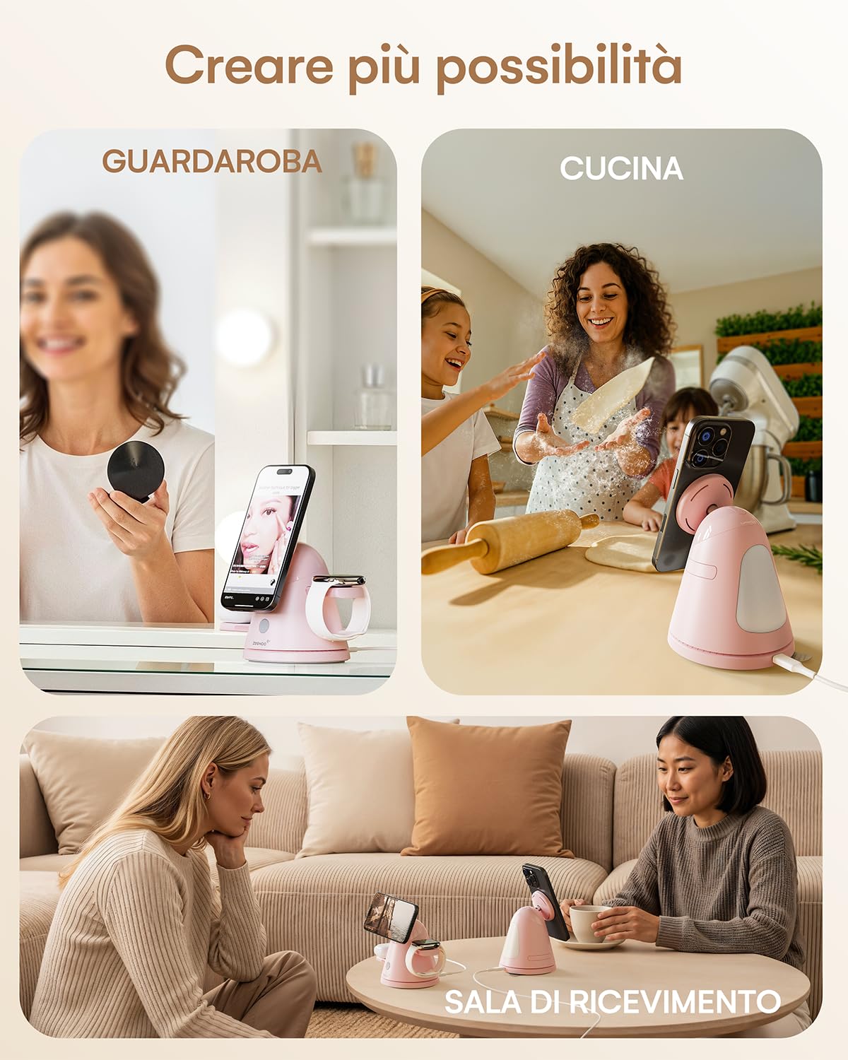 ZEEHOO Stazione di ricarica wireless 4 in 1 per Apple, caricabatterie magnetico e luce dimmerabile, caricabatterie wireless da15W per iPhone17,16,15,14,13, iWatch, Samsung Galaxy Watch
