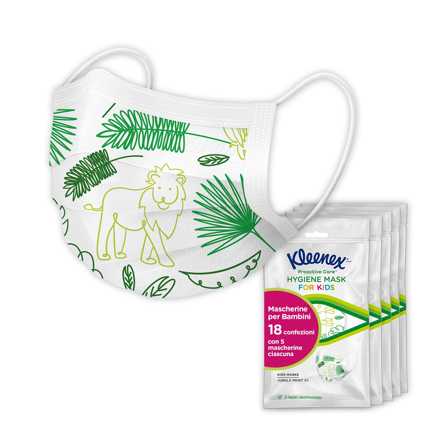 Kleenex Proactive Care Mouth and Nose Protection for Children, Elastic Band, 3-Layer, Animal Motif, 18 x 5 Masks