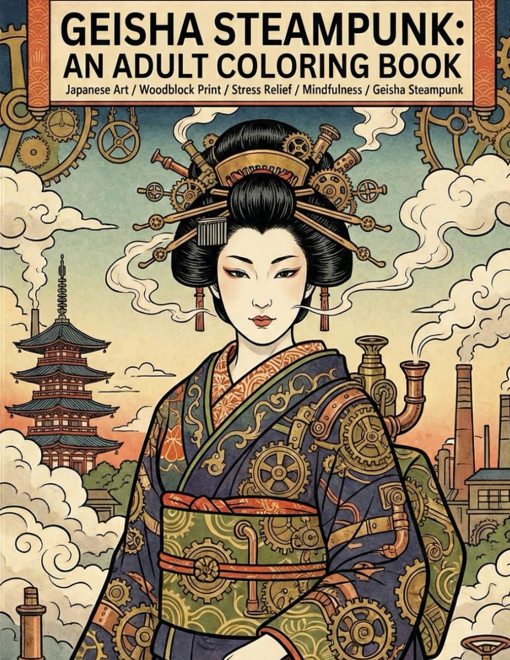 Ukiyo-e Geisha Steampunk Coloring Book for Adults: Traditional Japanese Art for Stress Relief and Relaxation: Japanese Art / Woodblock Print / Stress Relief / Mindfulness / Geisha Steampunk
