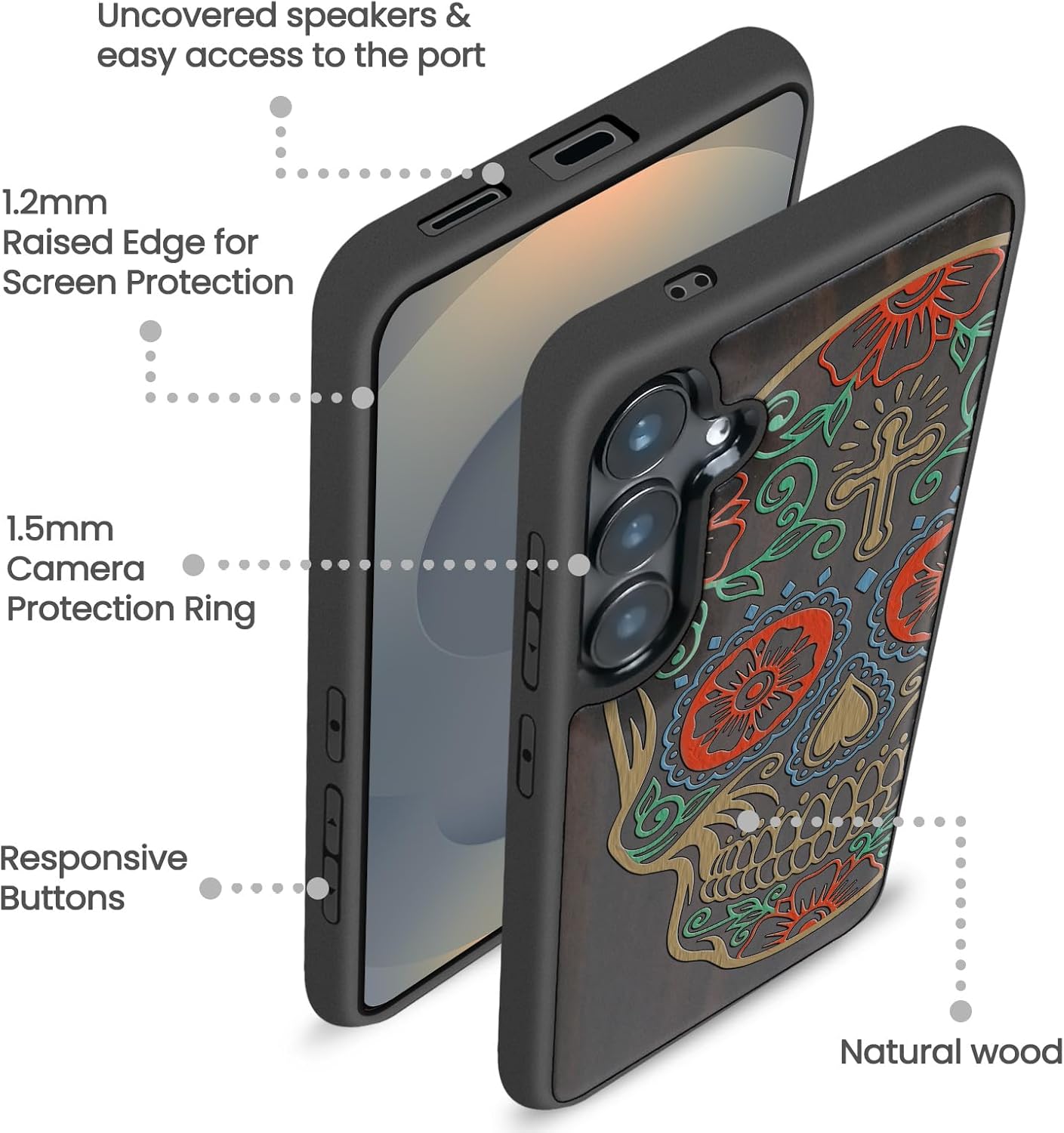 Magnetic for Samsung Galaxy S25 Case Compatible with MagSafe Wireless Charging, Natural Wood Cover & Shockproof TPU Phone Case, Dark Wood Hand-Drawn - Sugar Skull