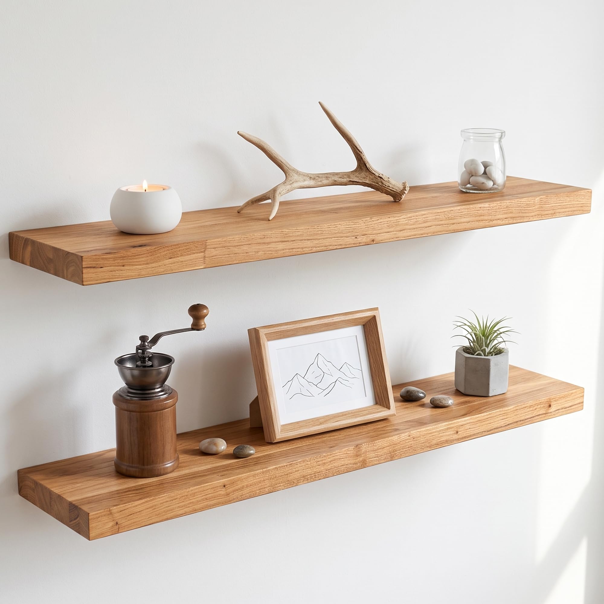 Feihorrm 80CM Solid Elm Wood Floating Shelves, Natural Wall Shelf Set of 2
