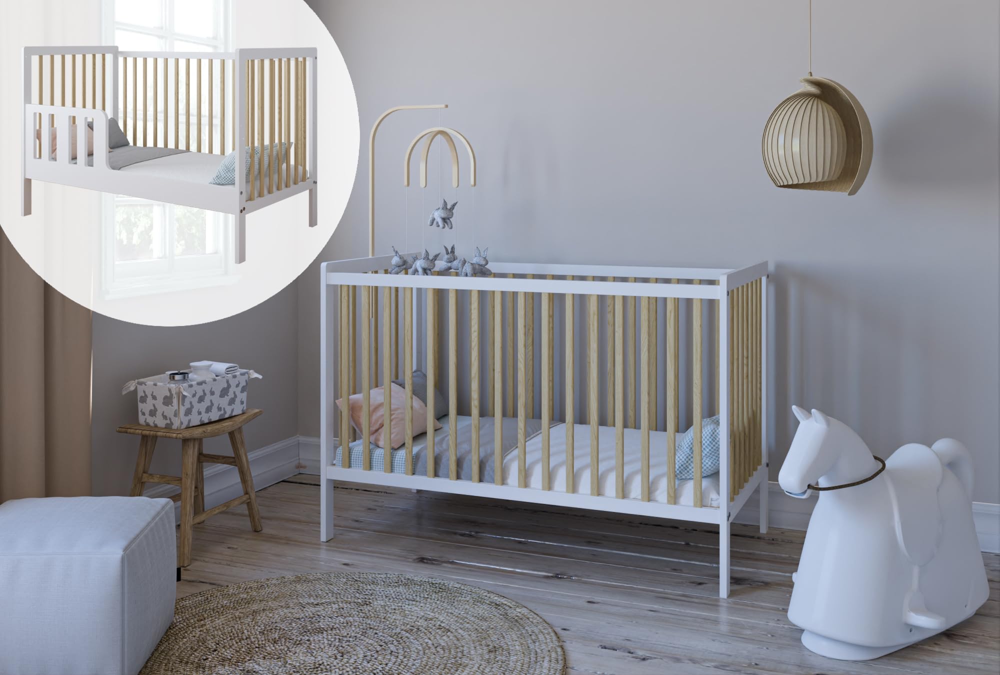zee Weiß Natur Babybett LUMI 120x60 cm Mit Schutzgitter 2in1 Kinderbett Aus Kiefernholz Höhenverstellbar EN 716 Umbaubar Zum Juniorbett