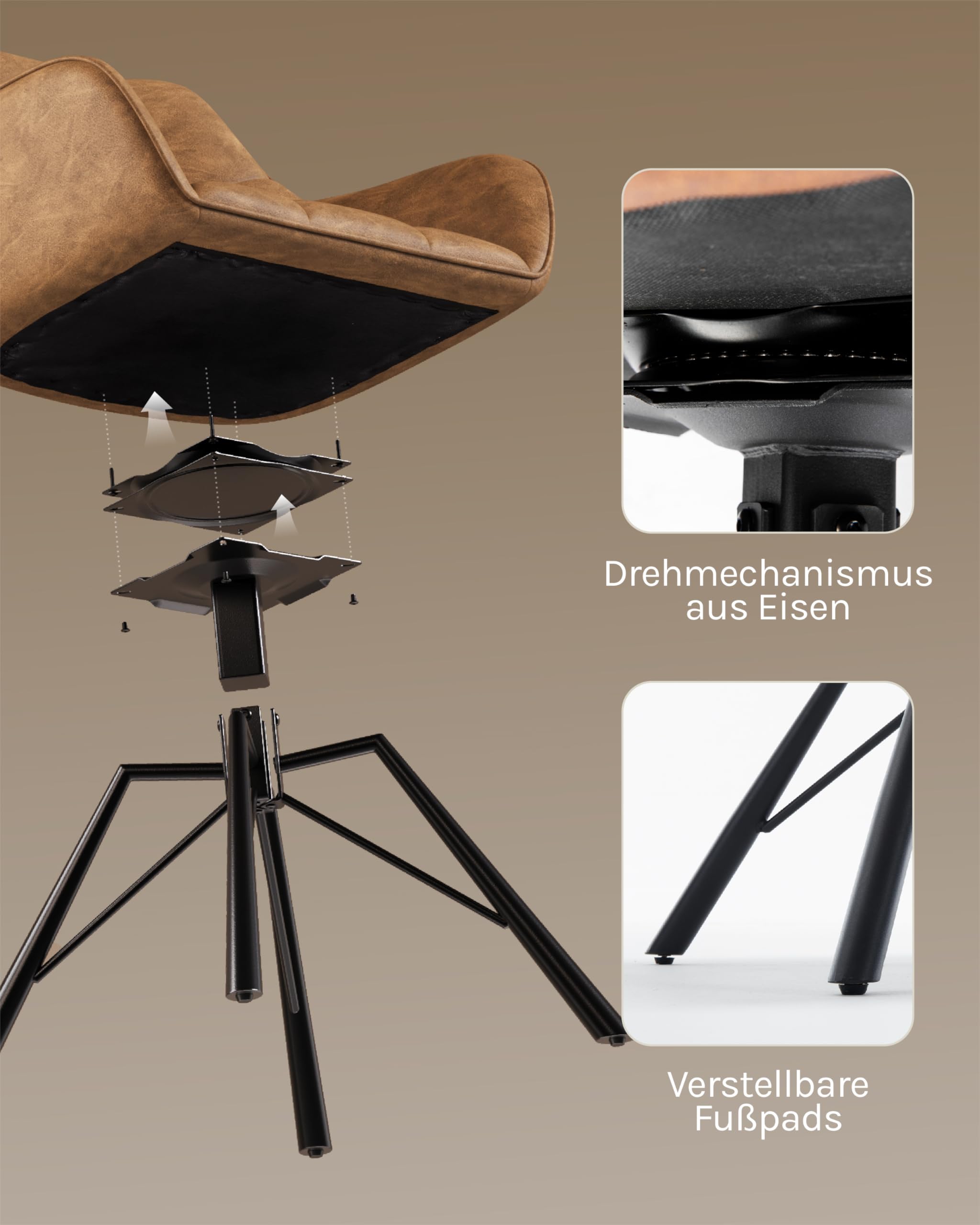 WOLTU Esszimmerstühle drehbar 4er Set, Küchenstuhl, Polsterstuhl, Drehstuhl, bequemer Stuhl mit Armlehnen Rückenlehne, Armlehnenstuhl für Esszimmer Wohnzimmer, mit Kunstlederbezug, Hellbraun