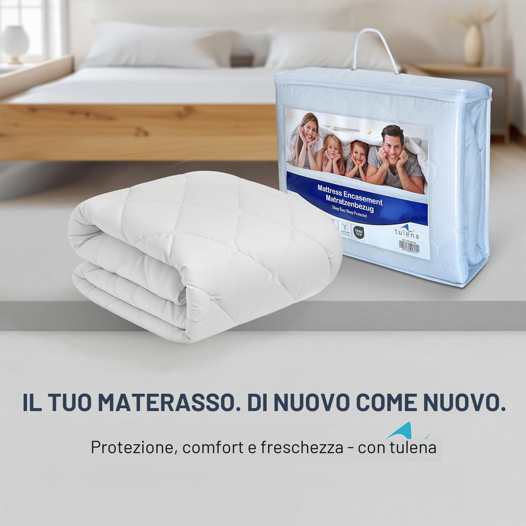 TULENA Fodera in microfibra con cerniera per materasso, 160x200 cm, altezza da 20 a 22 cm, trapuntata, bianco, anallergico, certificato Öko-Tex