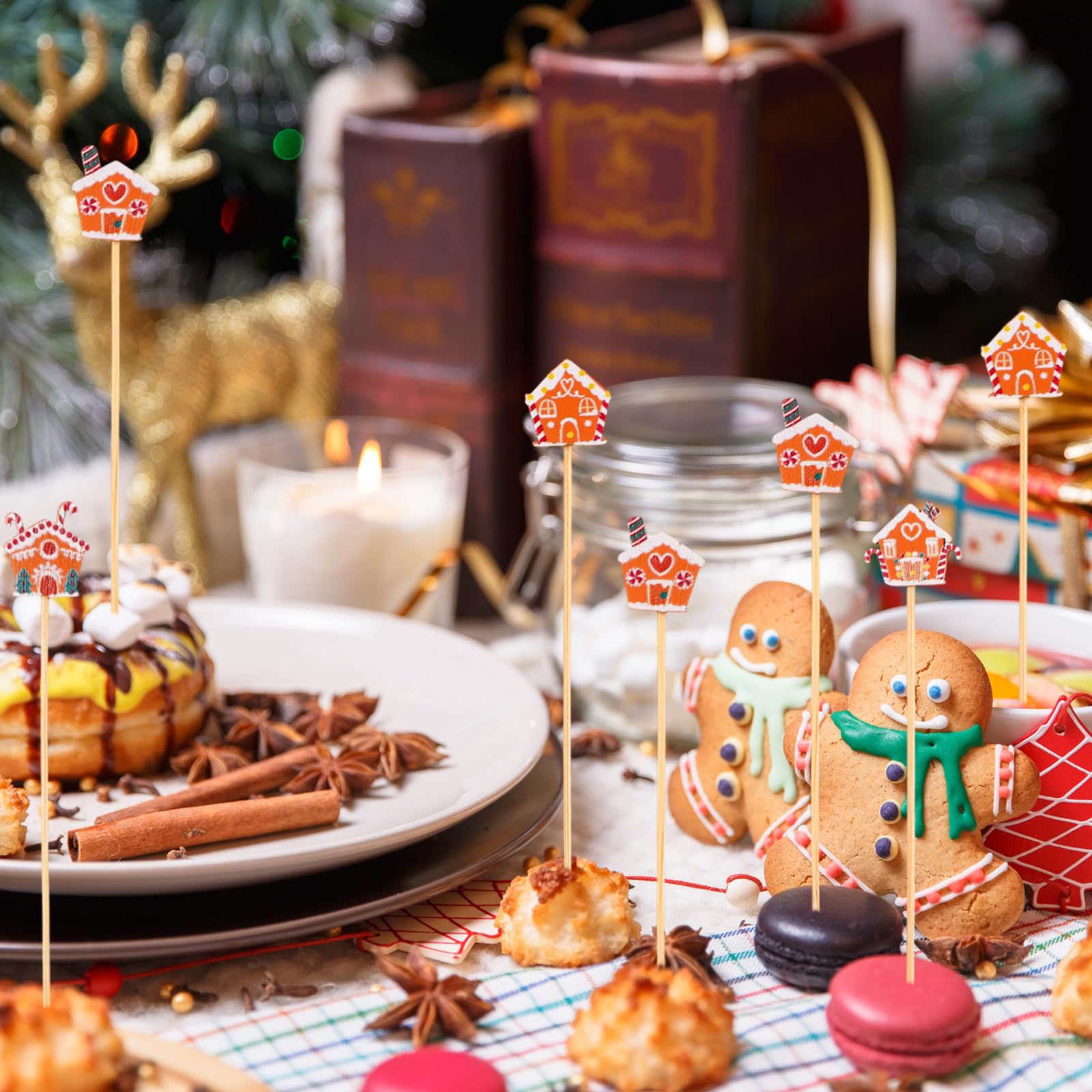 Hushee 400 palillos de cóctel de Navidad con temática de casa de jengibre, palillos de cóctel de Navidad decorativos de madera de bambú, pinchos de Navidad para aperitivos, bebidas, alimentos,