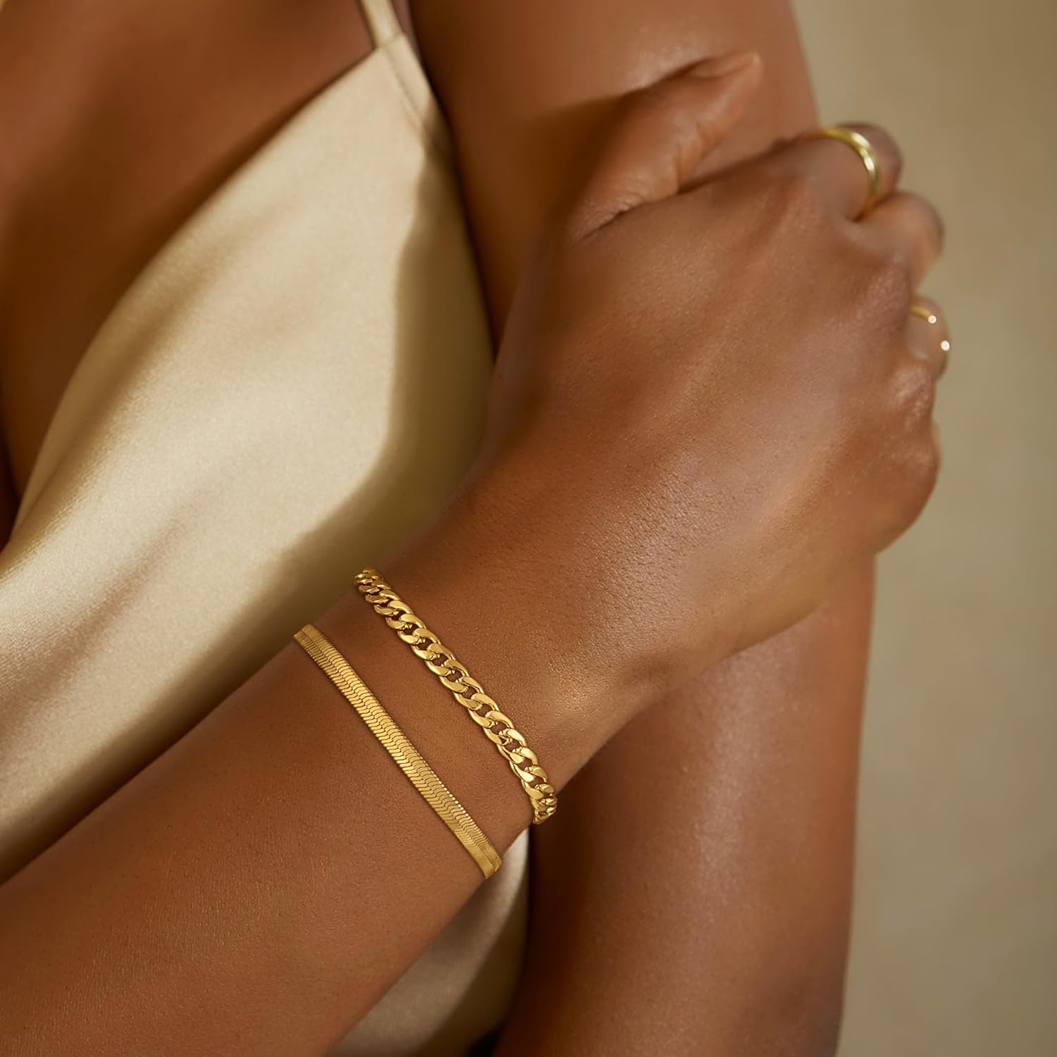 Gold Bracelets for Women, 14K Gold Plated/Silver Womens Bracelets Dainty Layered Gold Cuban Link Chain Bracelets for Women Trendy Chunky Stackable Gold Bracelet Set Jewelry Gift - Image 3
