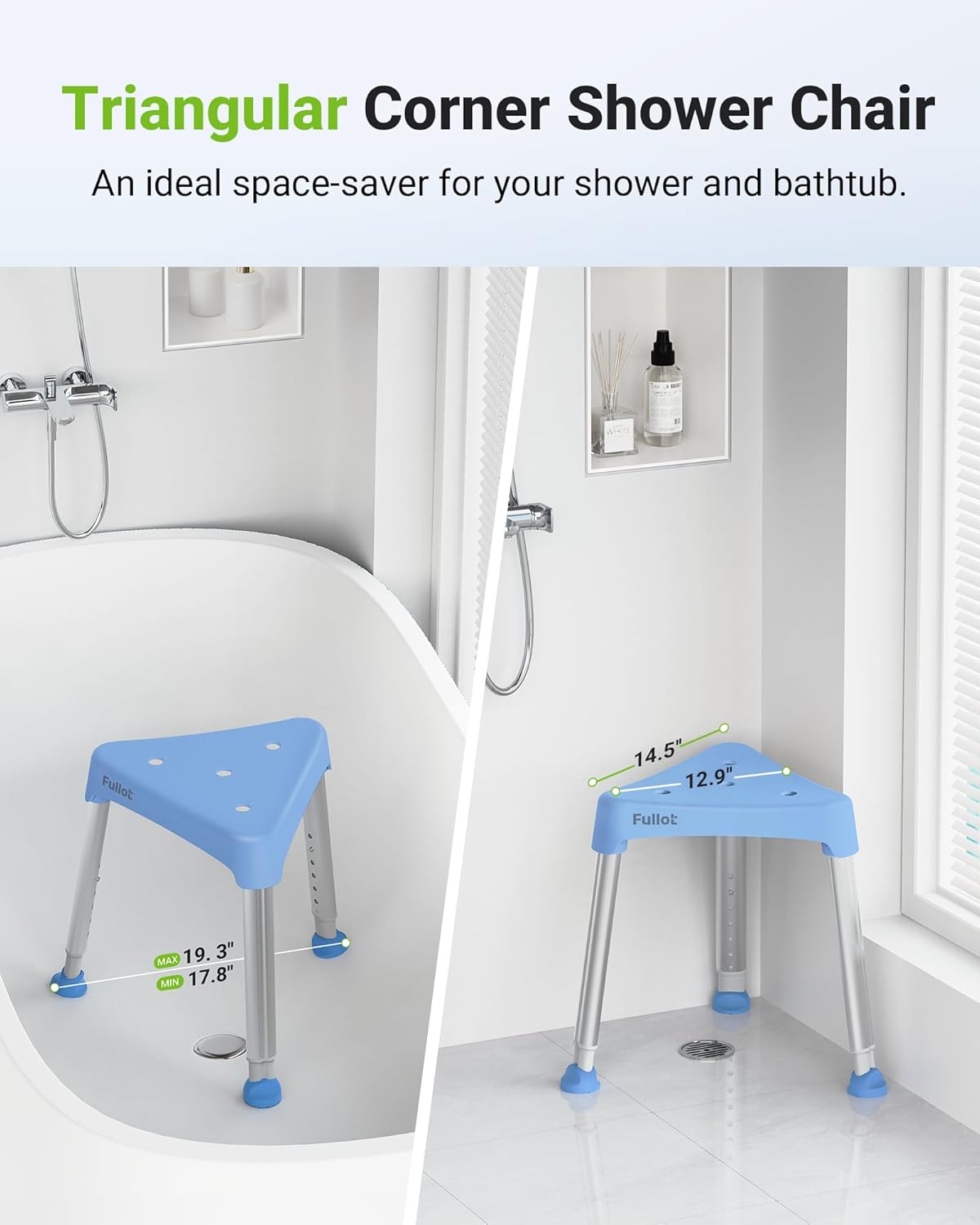 space-saving triangular shower chair for elderly and disabled, fsa/hsa eligible 400 lbs adjustable shower stool seat with stable-bracing, non-slip bathtub chair, tool-free assembly