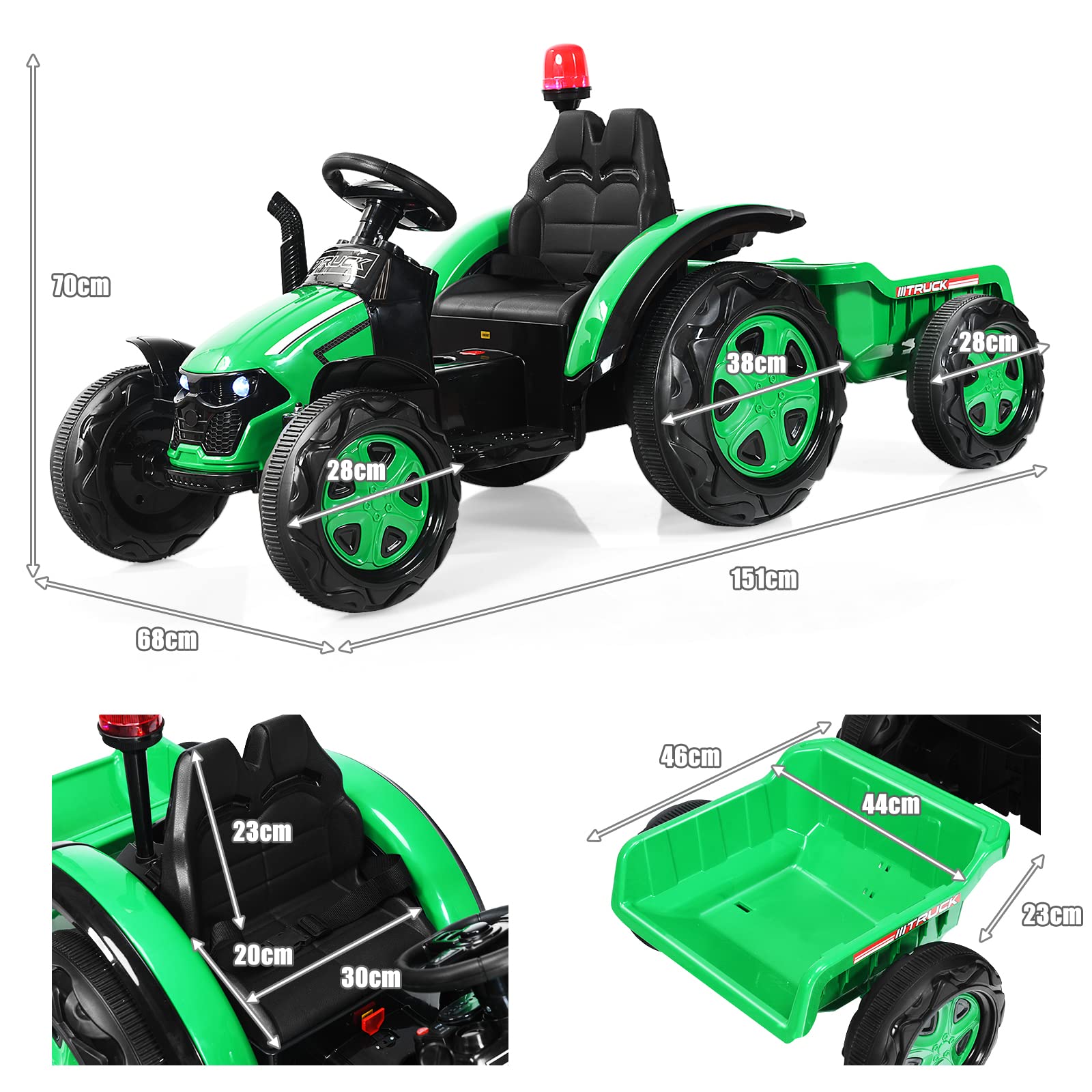 COSTWAY Trattore Elettrico per Bambini con Rimorchio, 2 in 1 Go Kart e Trattore per Bambini 3-8 Anni, con Telecomando e Cintura di Sicurezza a 2 Punti (Verde)