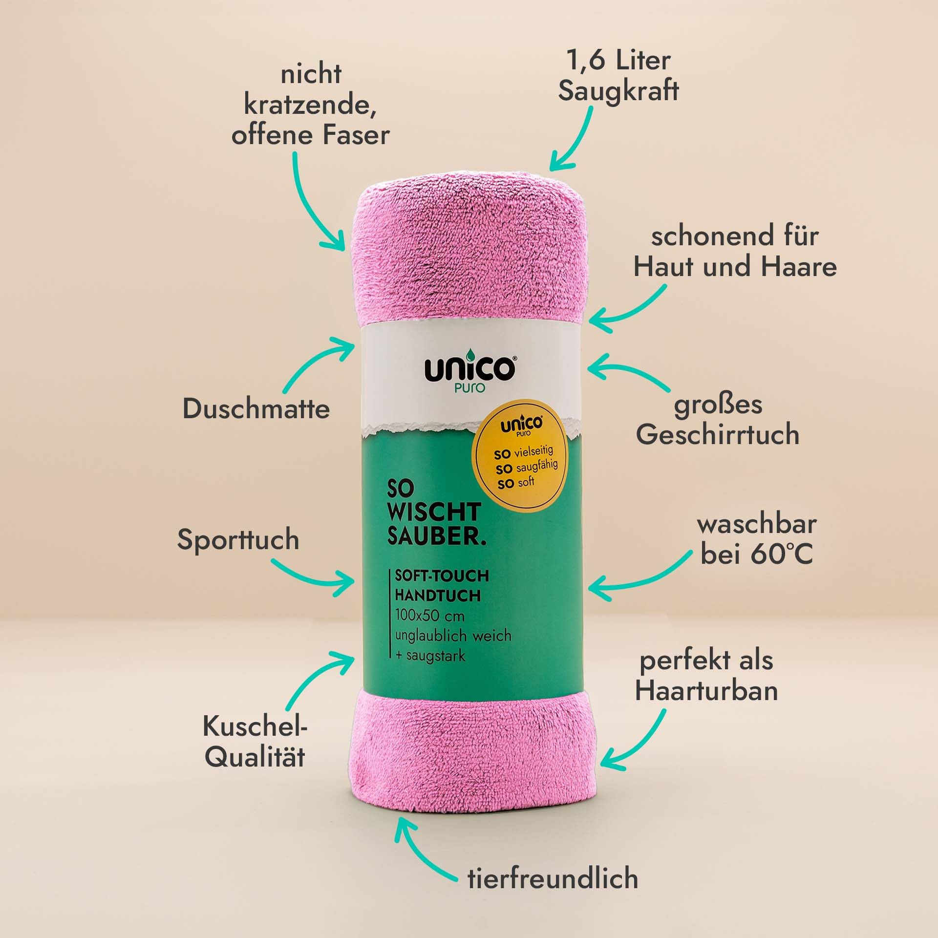 unicopuro® Soft Touch Microfaser Handtuch 100 × 50 cm pink 4er Set – 1,6 L Saugkraft – vielseitiges Allzwecktuch für Haare, Körper, Haustiere & Haushalt – superweich, waschbar bei 60 °C