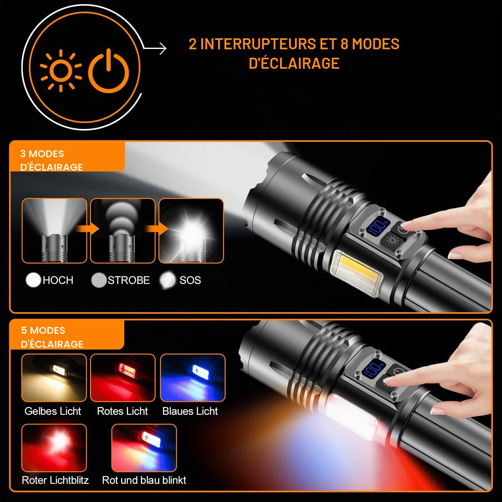 Relybo Lampe Torche Led Ultra Puissante, 1000000 Lumens Lampe De Poche Led Ultra Puissante, 9 Modes & Éclairage Latéral Cob, Lampe Torche Rechargeable Usb, Lampe Tactique Pour Camping Urgence