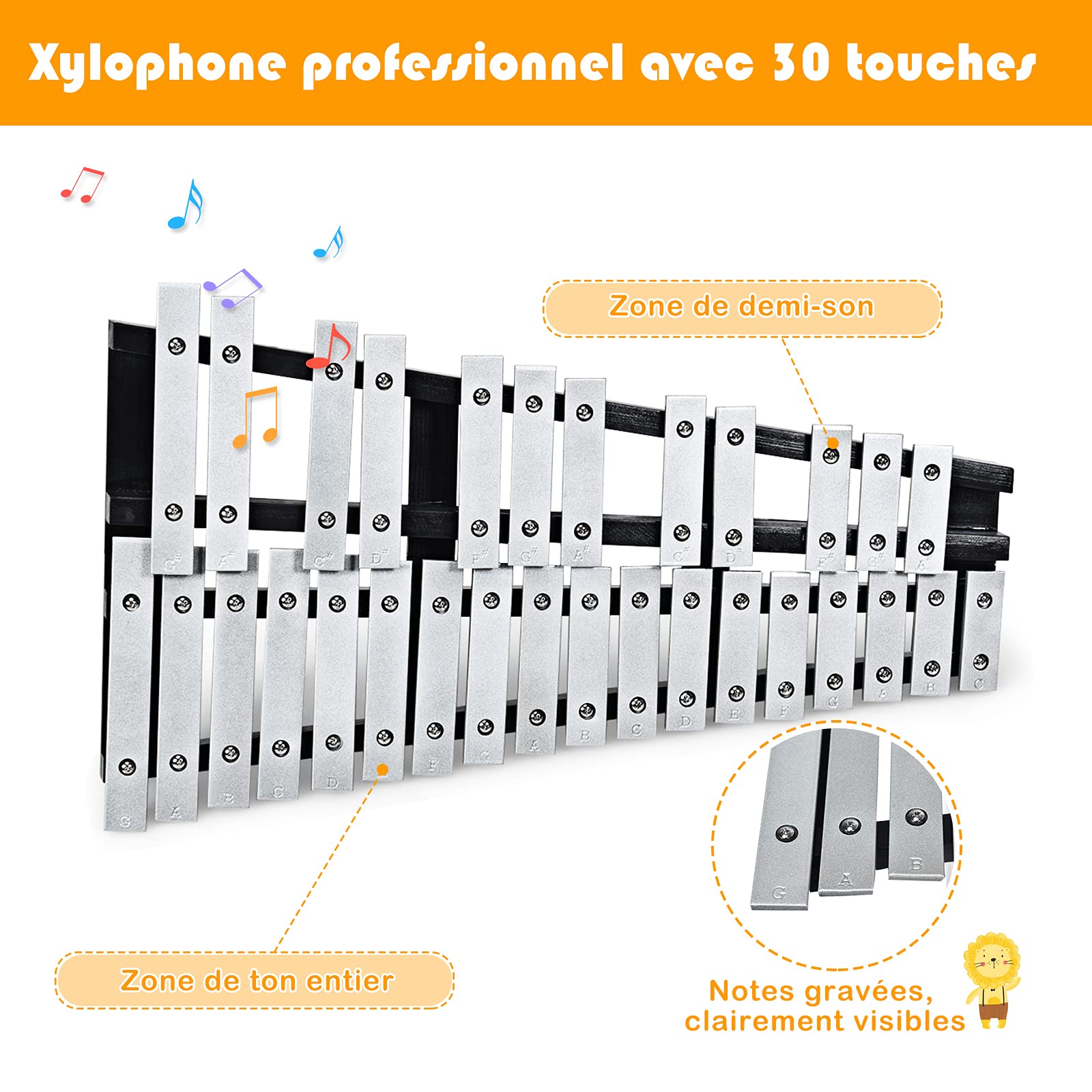 GOPLUS Glockenspiel de 30 Notes Pliable, Xylophone en Aluminium et Bois, Percussion Piano à 30 Tons, Instrument Musical Educatif et Professionnel pour Enfant, Portable avec Sac, Argenté