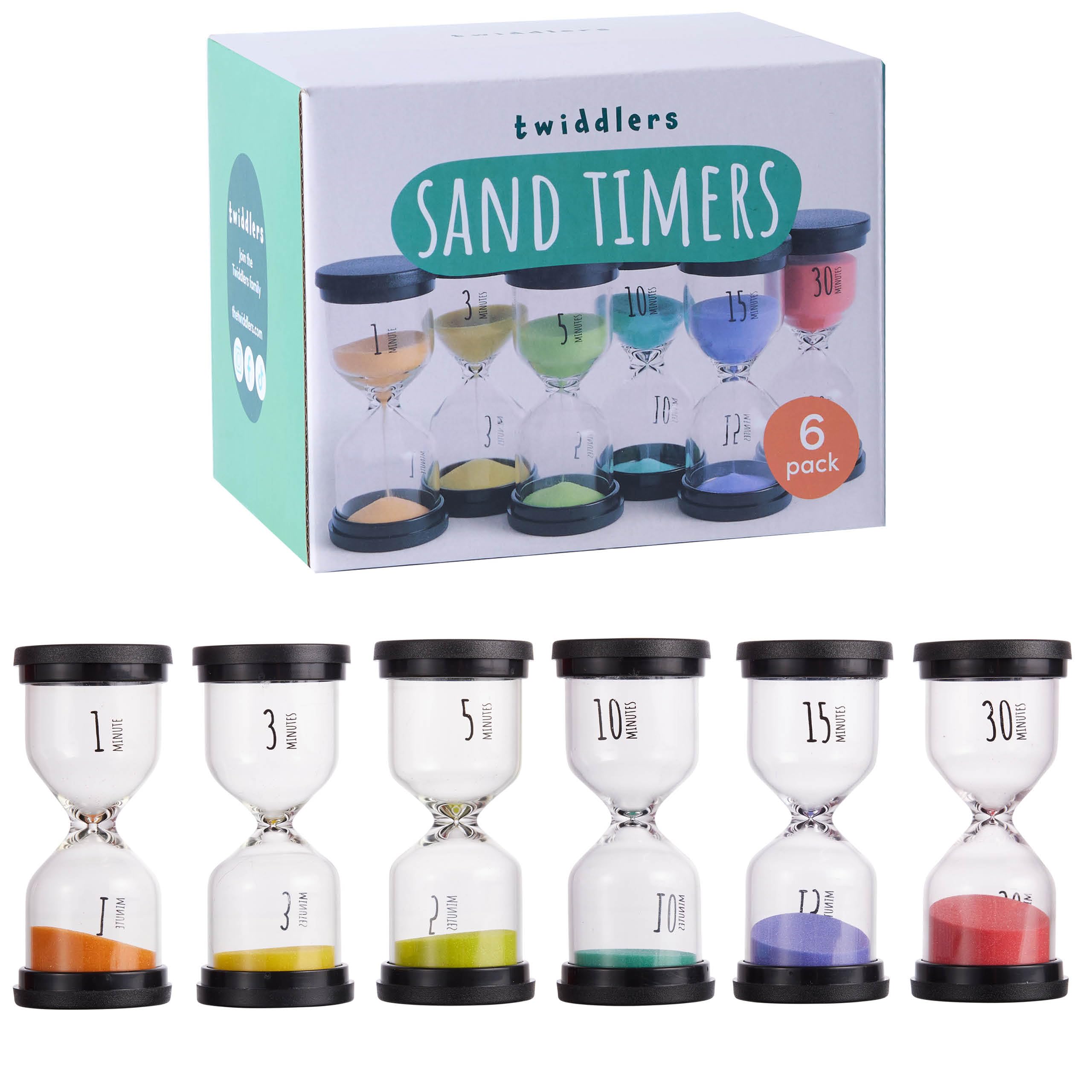 THE TWIDDLERS 6 Hourglass Sand Timers for Kids - 1,3,5,10,15 & 30 Minute Glass Egg Timers for Children & Adults - Visual Sensory Kids Sand Timer