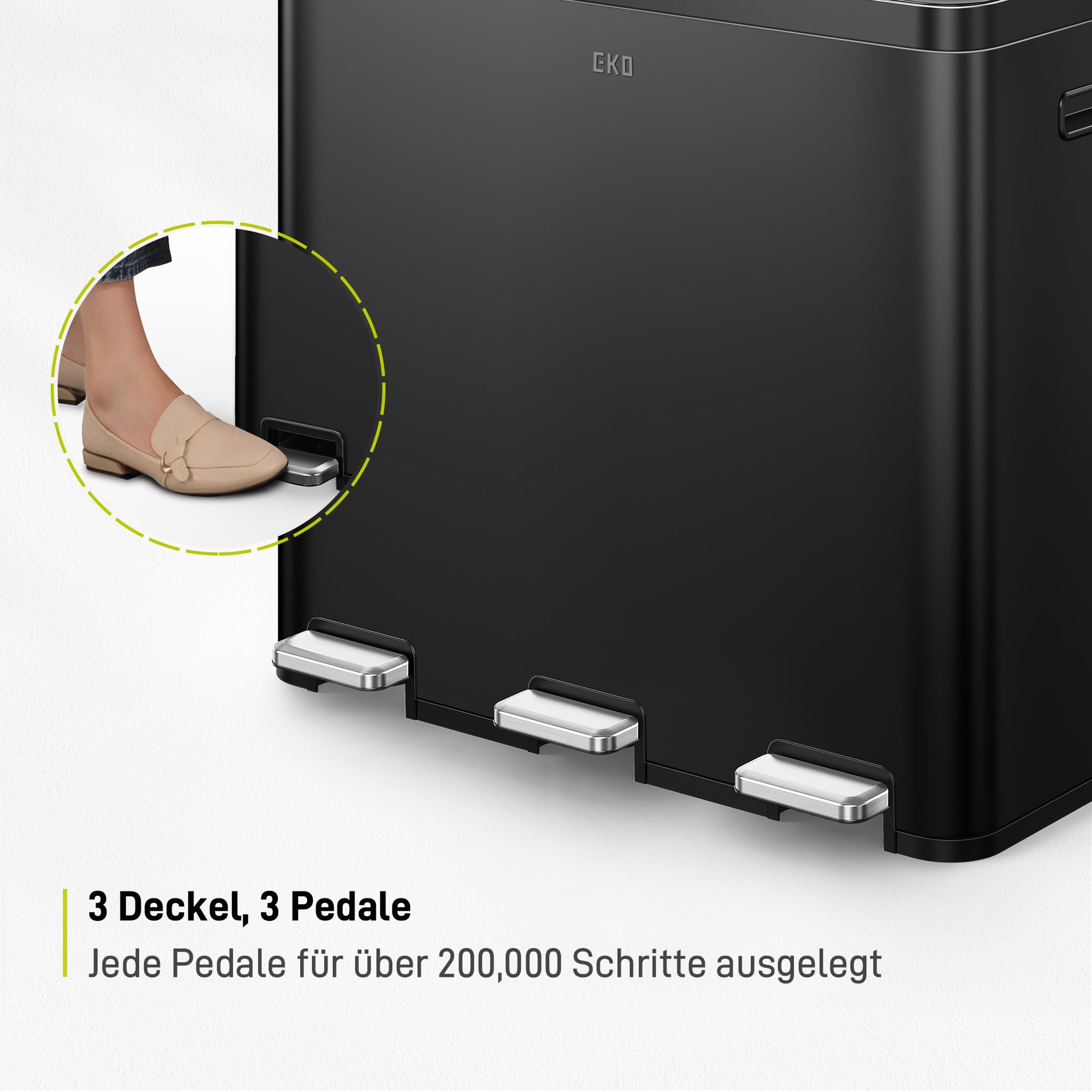 EKO Essential Mülleimer 3 Fächer, 3 x 20 Liter, Mülltrennsystem Küchentretmülleimer, inklusive 20 Müllsäcke, Großraum Abfalleimer mit Deckel, sanftem Schließen und luftdicht, Mattschwarz Edelstahl