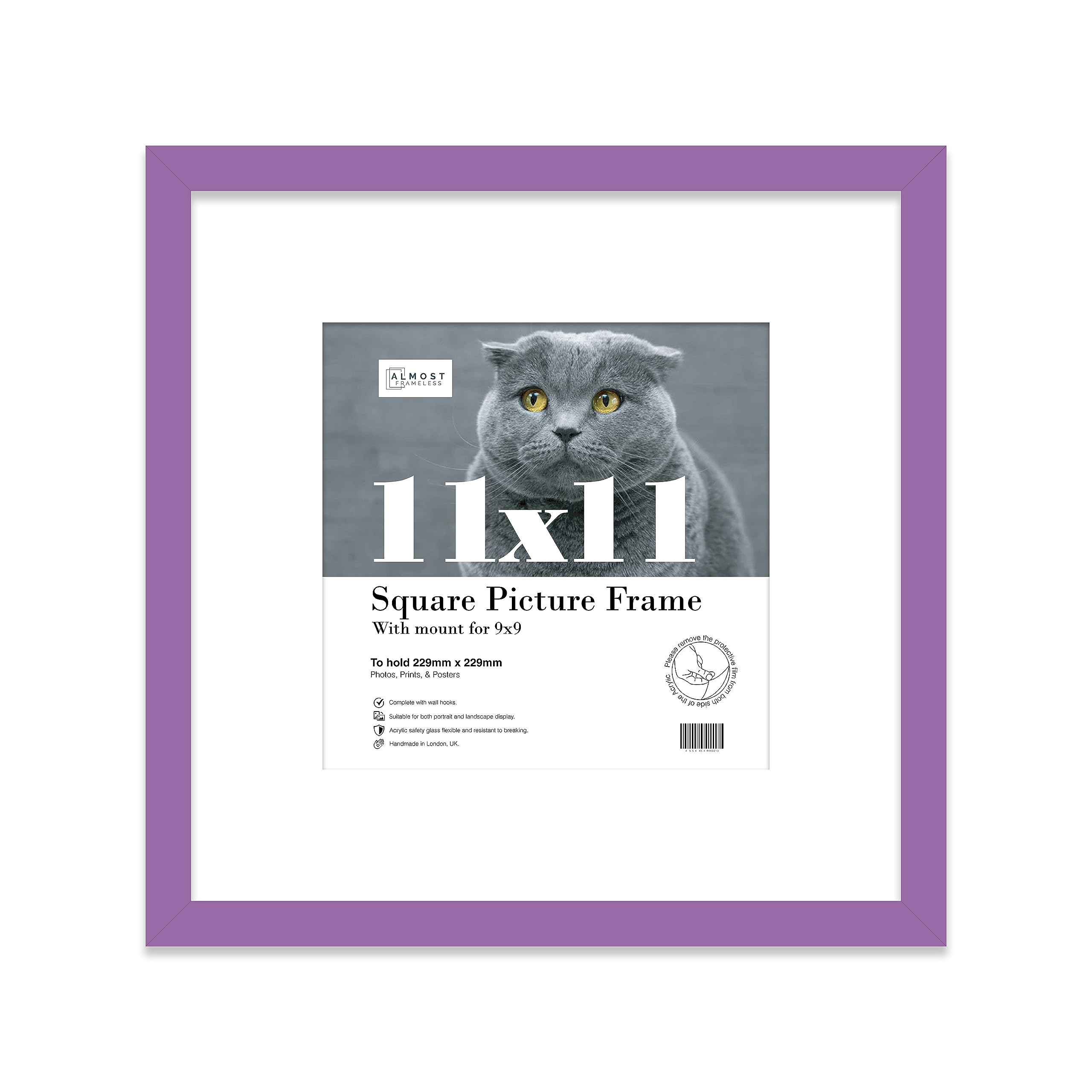 Almost Frameless Purple 11X11 Picture Frame With Mount For 9X9 Photos, Prints - Modern Square Wall Frame, 1 Pack
