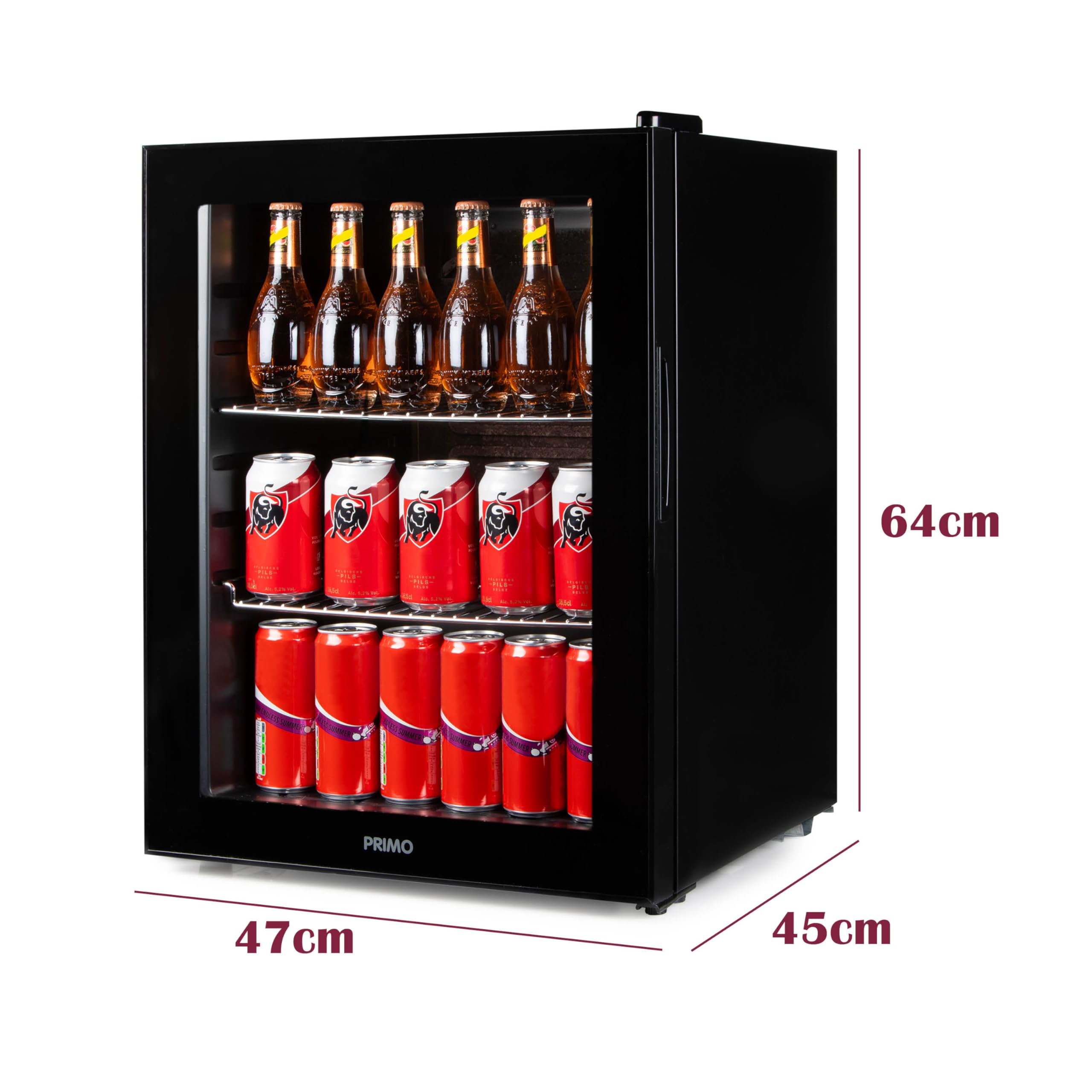 PRIMO PR179BC - Refrigerador para bebidas - Minibar - Mini nevera - Puerta acristalada - Colocación libre - 60L - D - Negro
