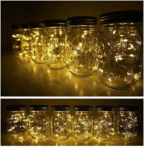 Miniatura 9 de Decorman Luces solares para tapa de tarro de masón, paquete de 6 unidades, 10 luces LED impermeables con diseño de estrella de hadas y luciérnaga,