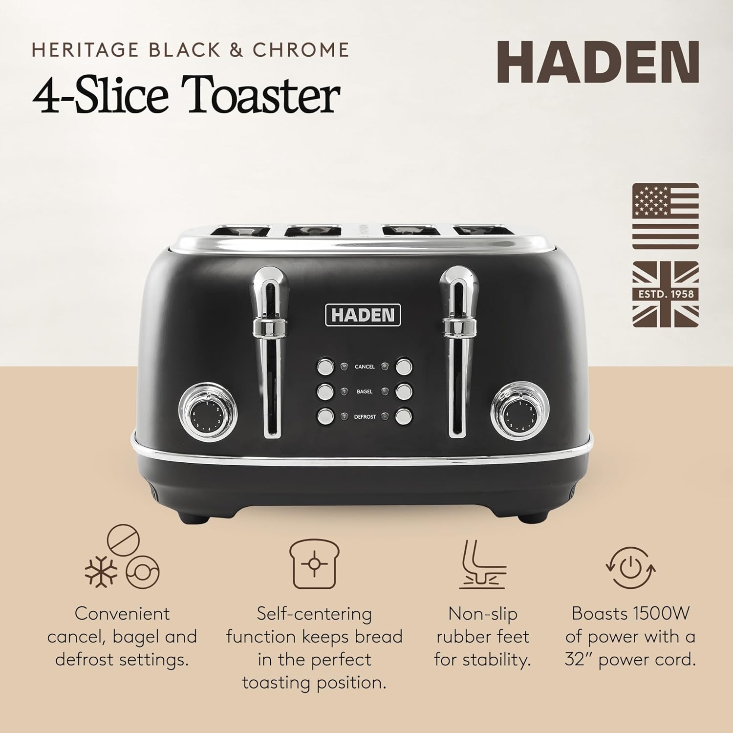 Haden Heritage 4 Slice Wide Slot Stainless Steel Toaster with Adjustable Browning Control & Non-Slip Feet, Black & Chrome