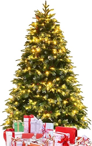 Happygrill Árbol de Navidad flocado de nieve preiluminado de 6 pies con 250 luces LED y 1415 puntas de ramas de polietileno y PVC, árbol de