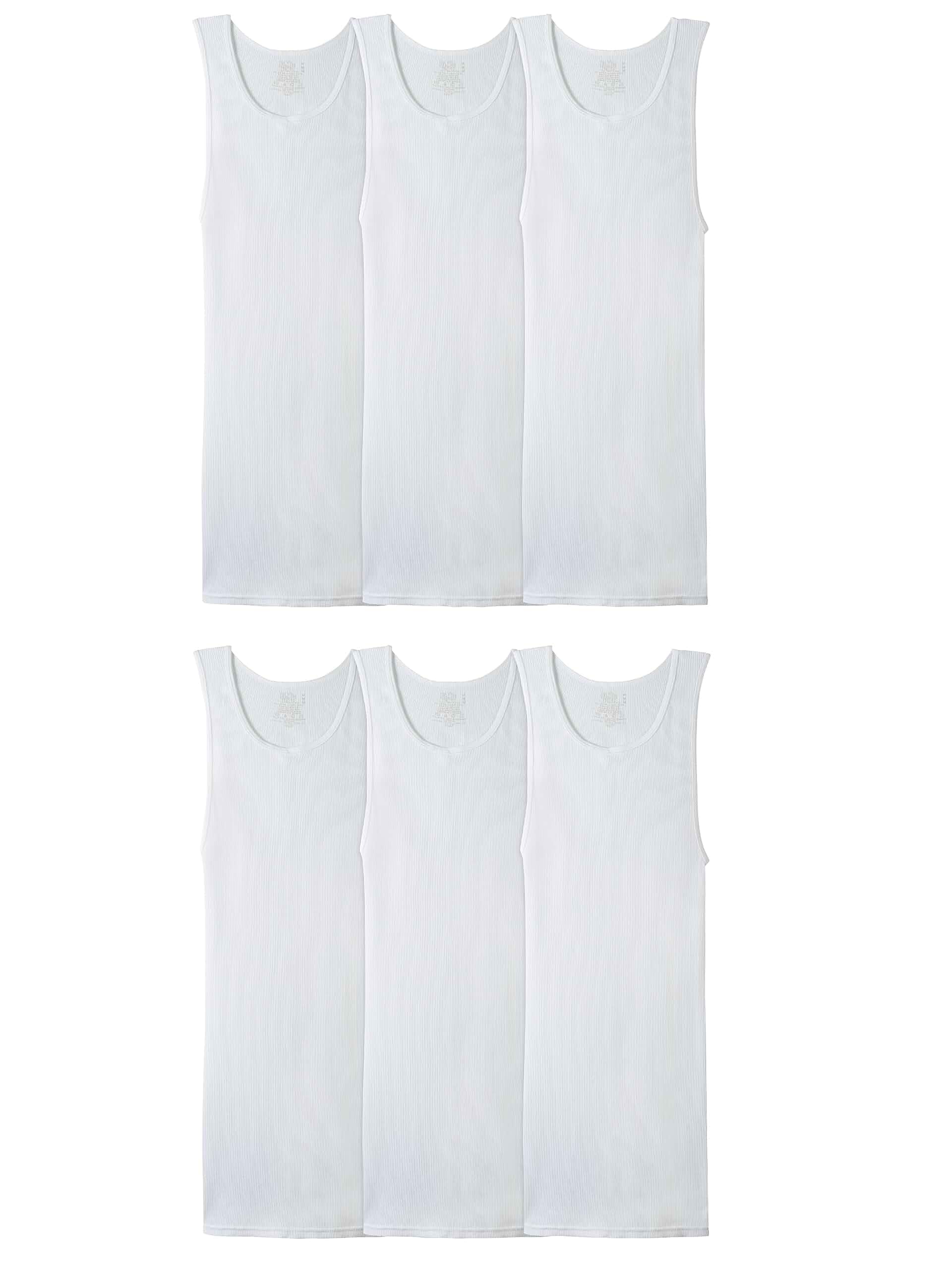 Fruit of the Loom Men's Sleeveless Tag Free Moisture Wicking Tank A-Shirt Breathable ribbed cotton blend, classic-fit A-shirt with a flex-rib collar and armholes and moisture wicking; six pack.