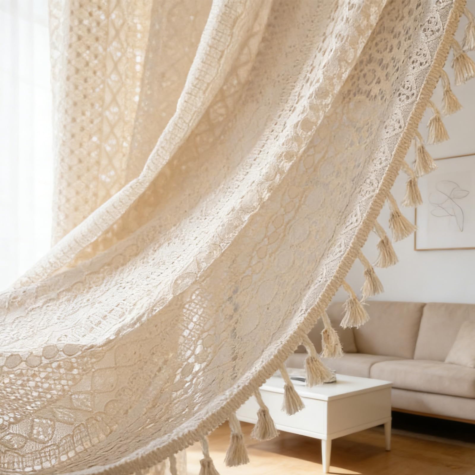 Lot de 2 rideaux bohèmes au crochet en coton style rustique vintage avec pompon, 150 x 160 cm, beige, pour salon, chambre à coucher, extérieur (beige-1)
