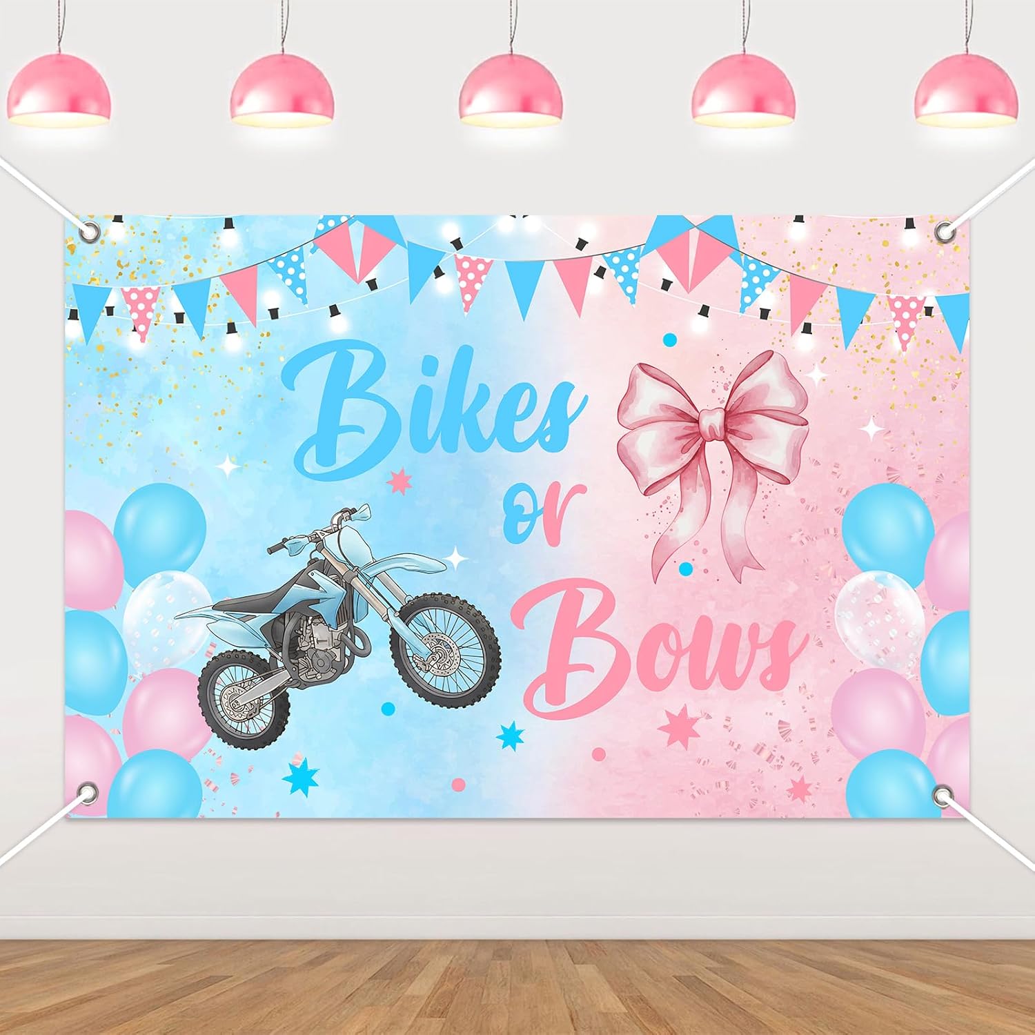 5x3ft Bikes Or Bows Gender Reveal Backdrop, Pink Blue Motorcycle Bow Theme Vinyl Background With Grommets and Ribbon, Gender Reveal Party Decorations Supplies for Pregnancy Announcement Photos