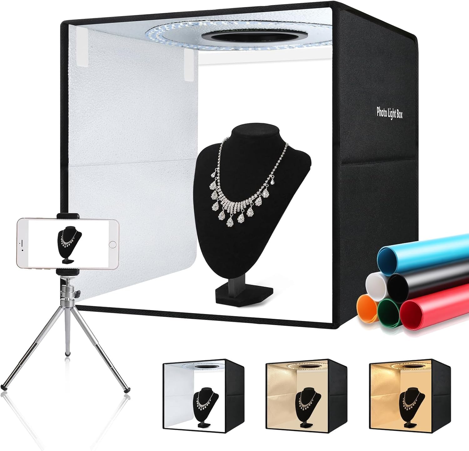 OBEST Boîte à lumière Photographie 40 * 40 * 40cm Cabine Photo Portable, Kit Tente de Prise de Vue avec 160 Lampes LED dimmables, Interface Type-C, 6 Toiles de Fond