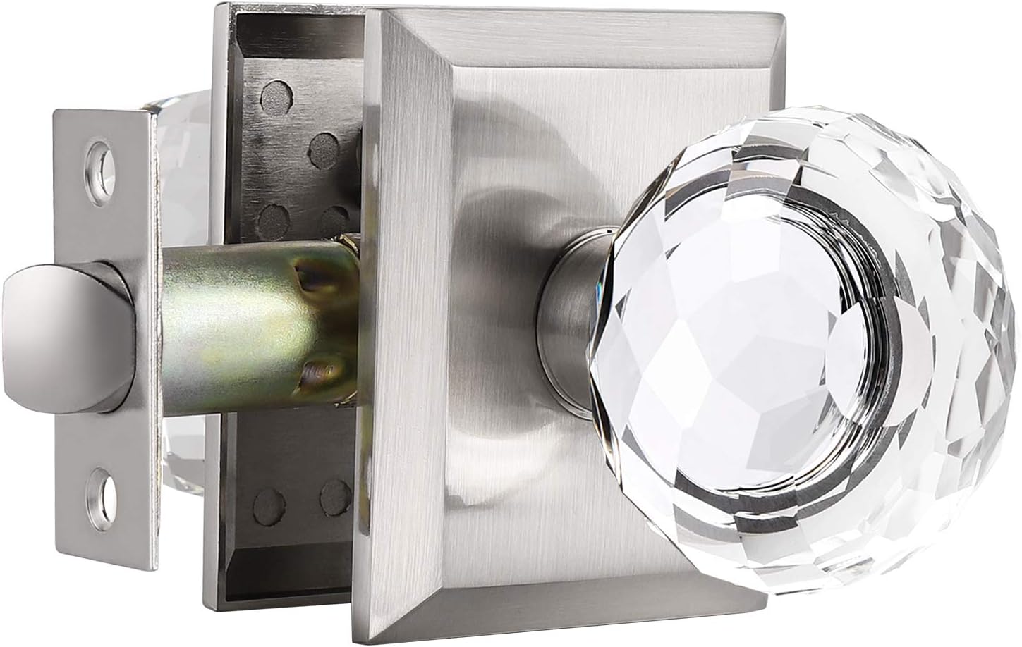 Probrico Glass Door Knob Interior, Crystal Closet Door Knobs with Square Brushed Nickel Plate, Heavy Duty Passage Door Knobs for Closet and Hall Doors, 1 Pack