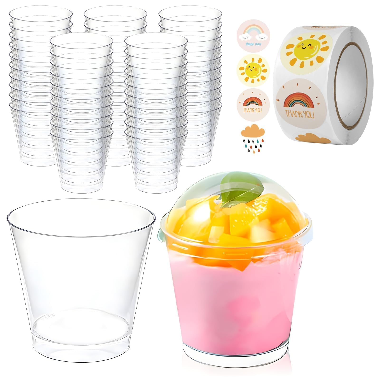 50 szt. 210ml Plastikowe Pojemniki na Desery – Przezroczyste Pucharki z Pokrywką i Łyżeczką na Pudding Mus Lody – Na Wesela Przyjęcia